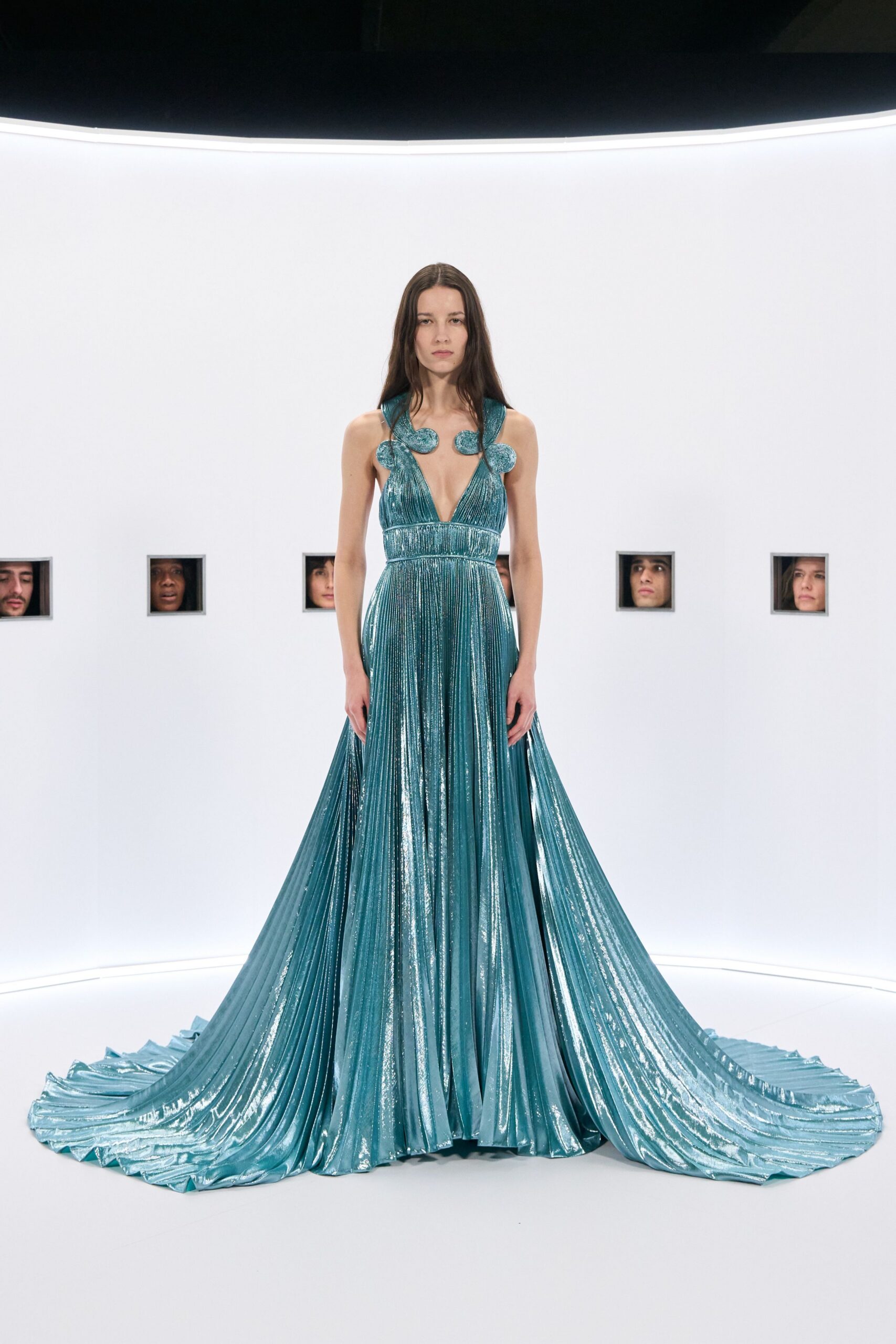 teal silk sleeveless gown