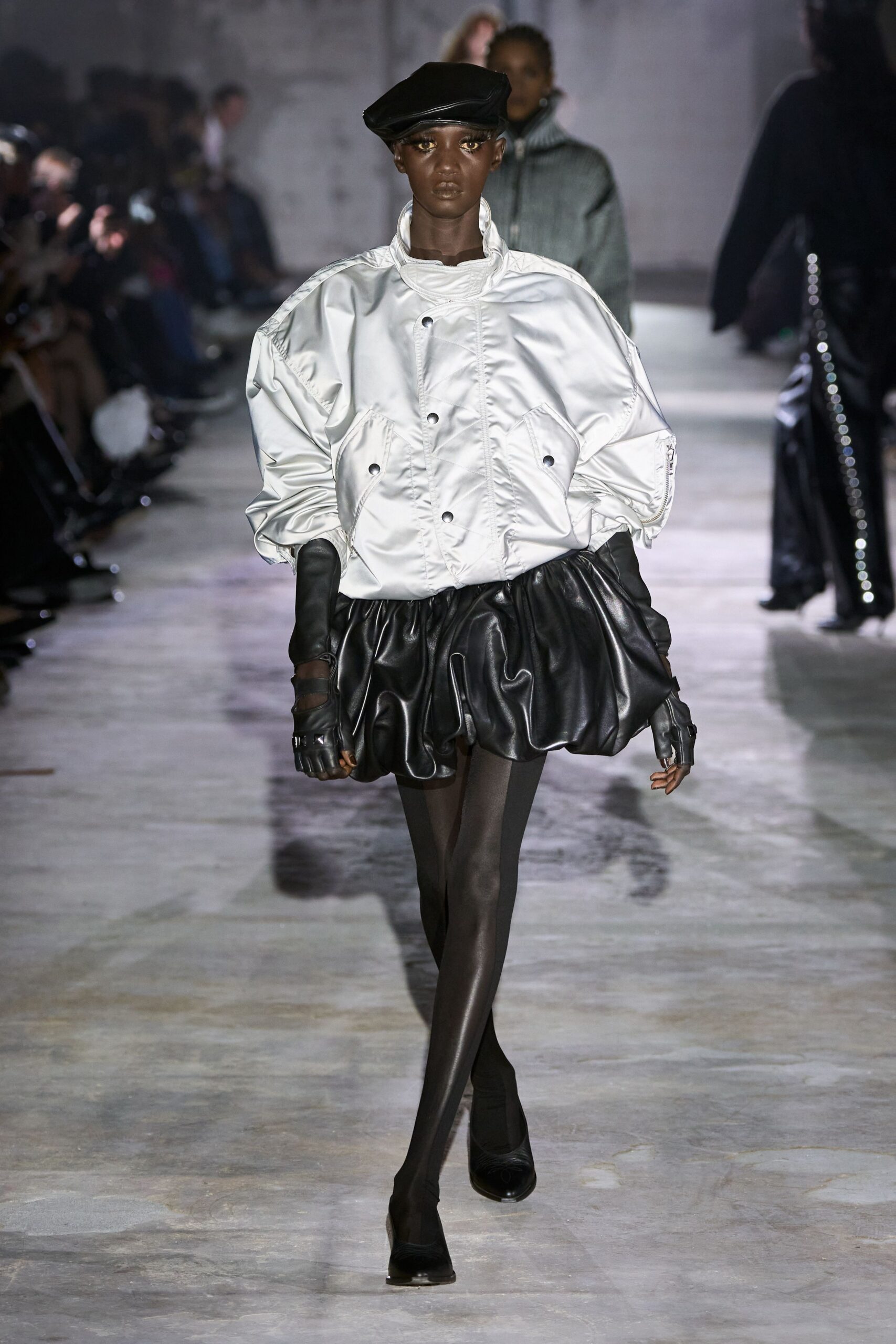 white silk long-sleeve collared oversized zippered padded jacket