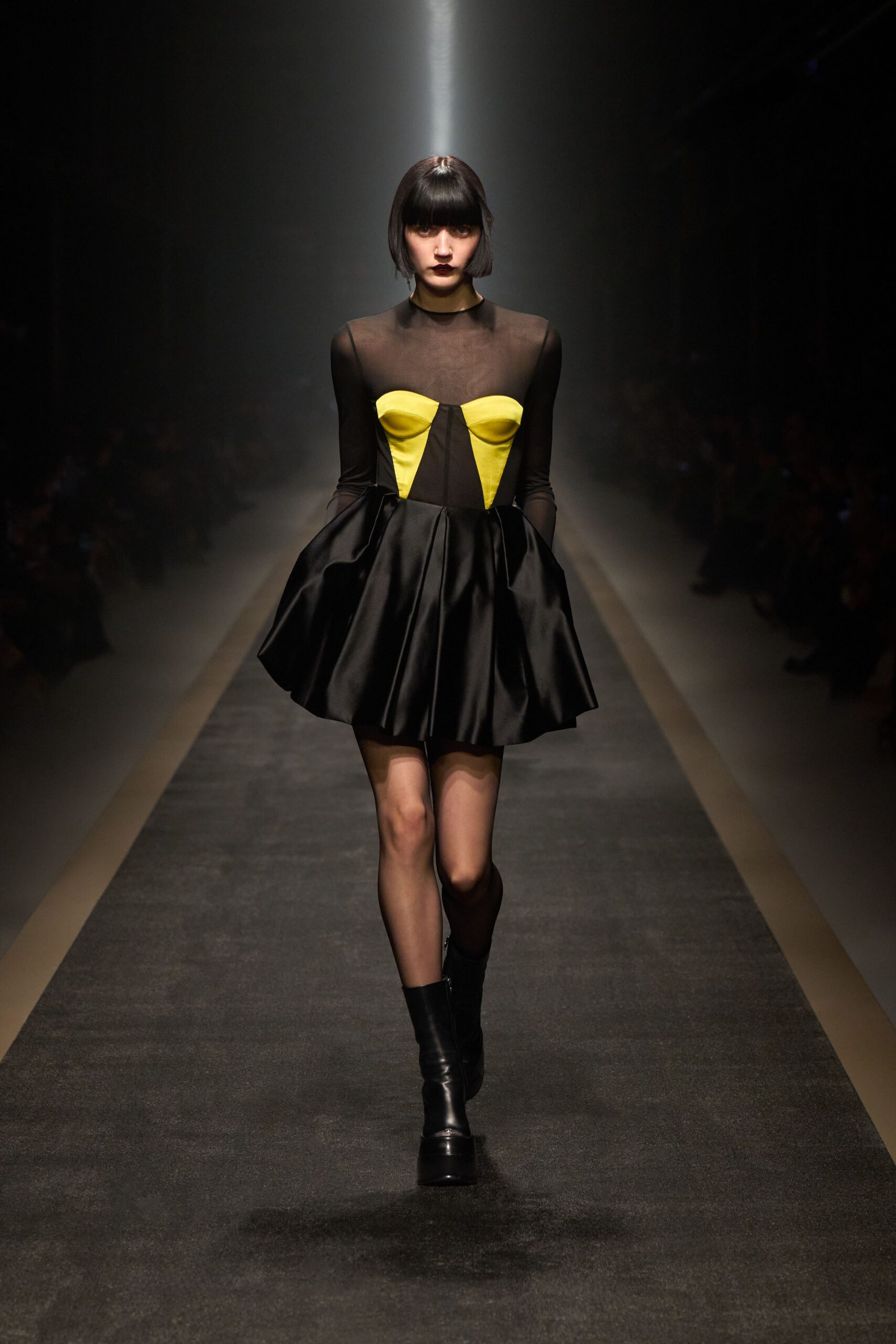 black and yellow mini dress with boots