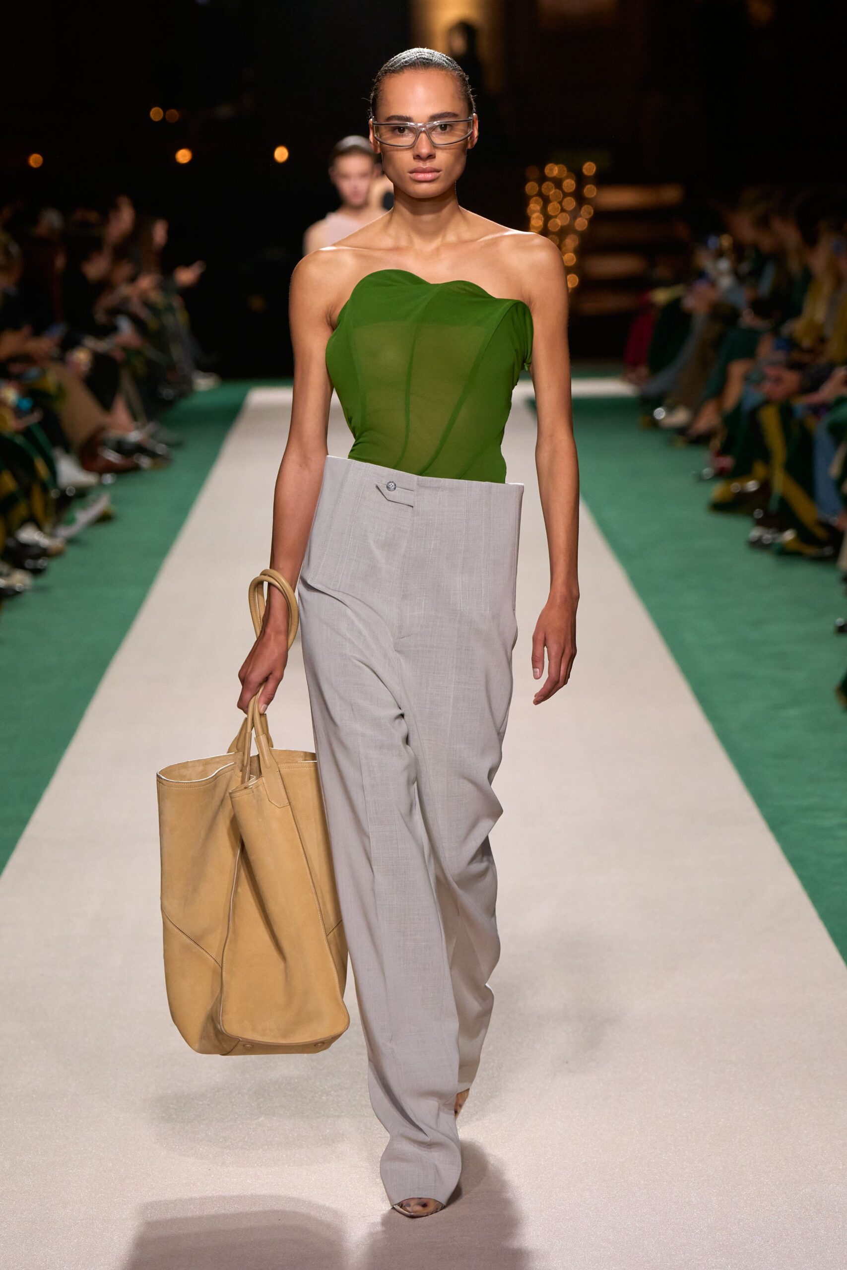 green silk strapless fitted draped sheer top