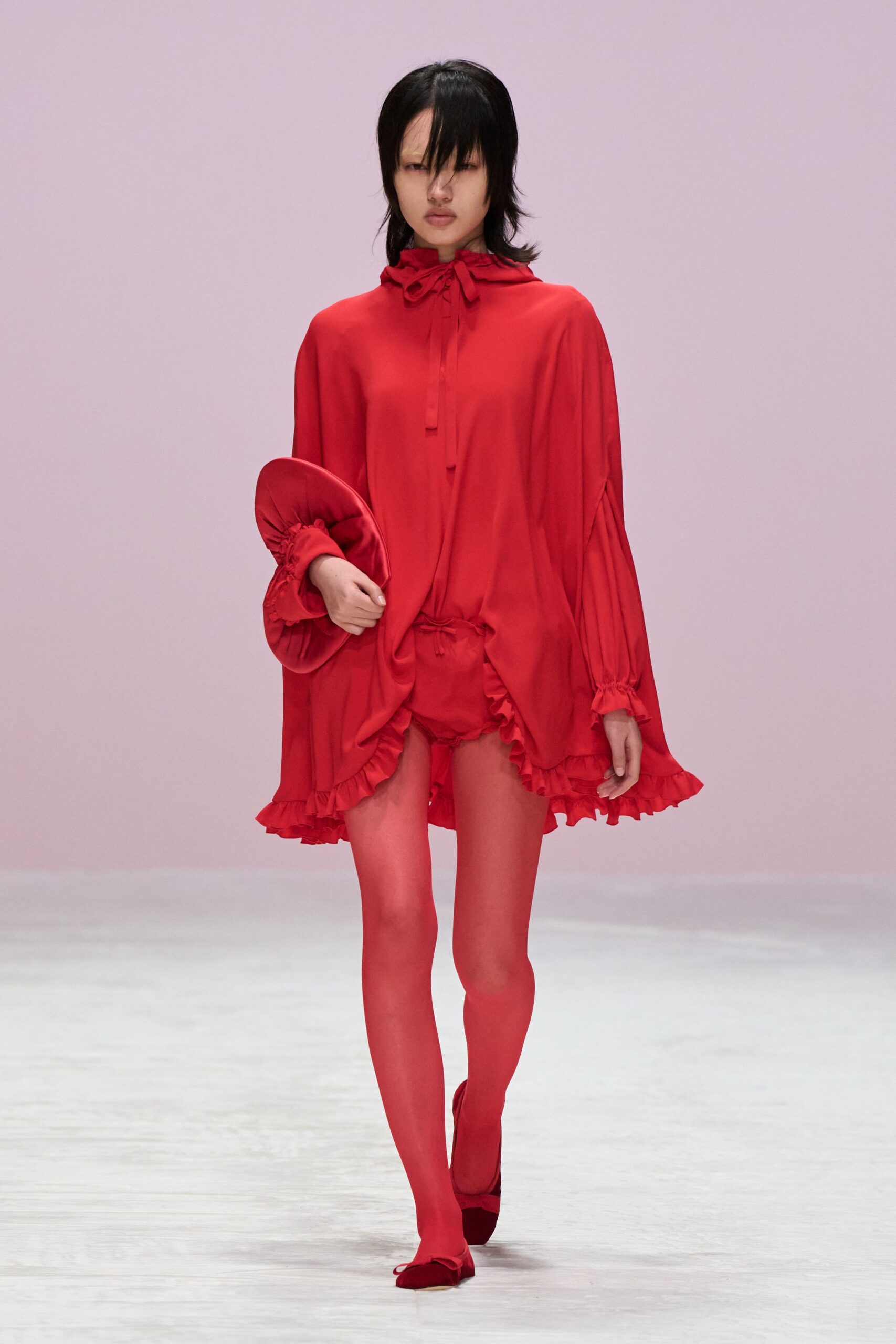 red cotton long-sleeve collared relaxed ruffled short dress