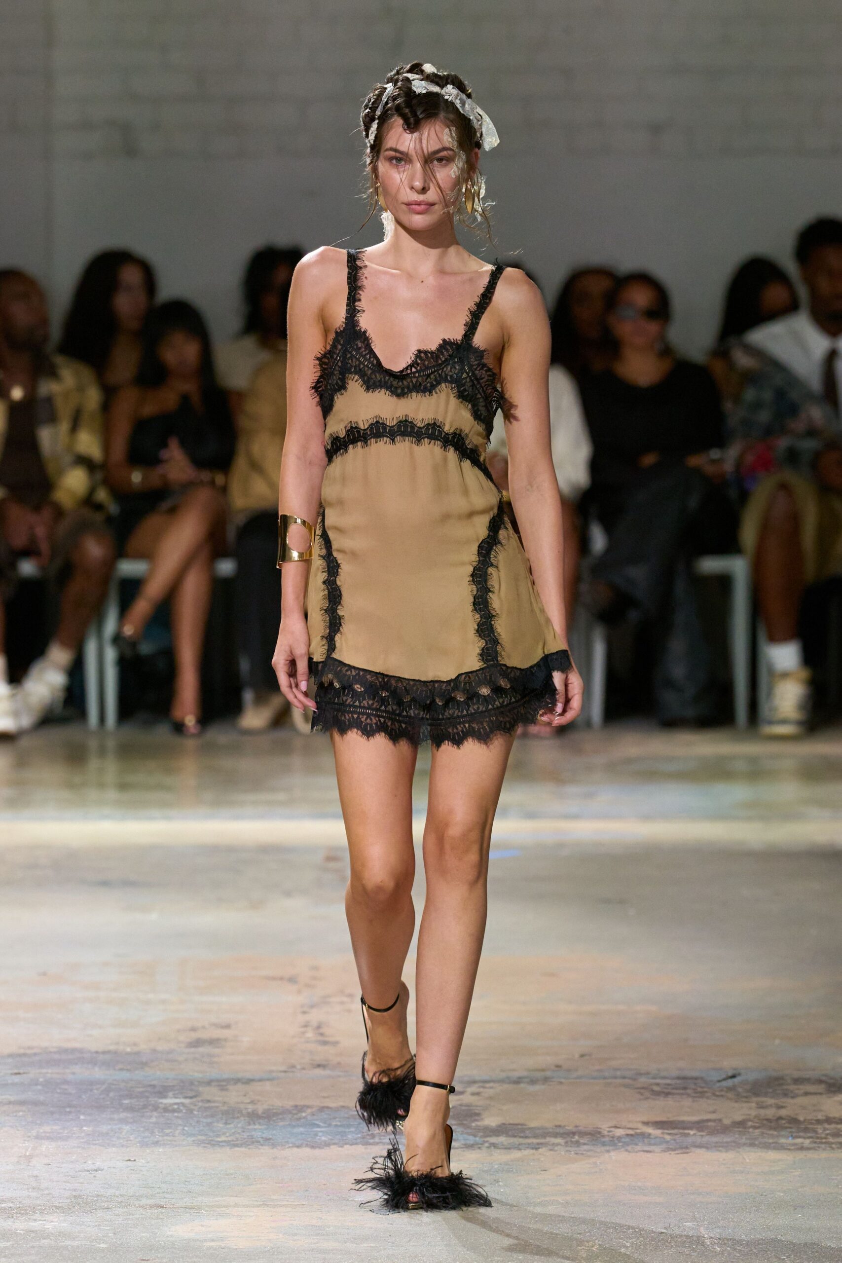 beige silk sleeveless v-neck fitted ruffled layered dress