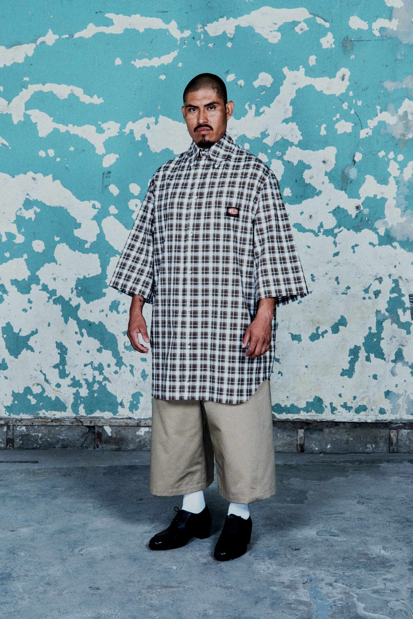 beige cotton short-sleeve collared relaxed checked shirt