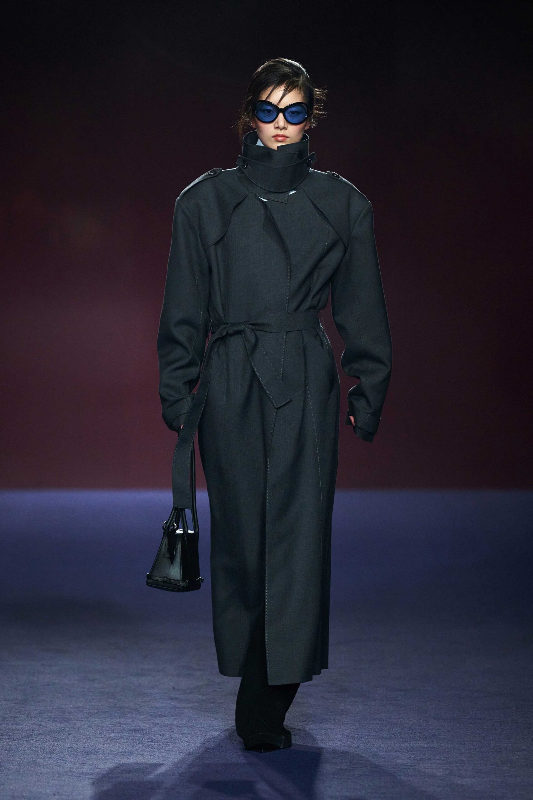 black wool long-sleeve collared tailored belted maxi coat