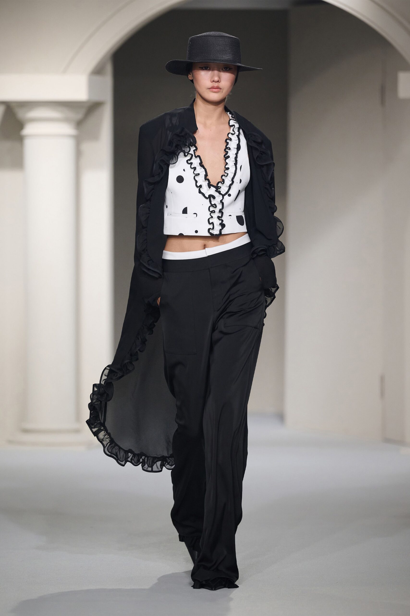 black silk long-sleeve relaxed ruffled coat