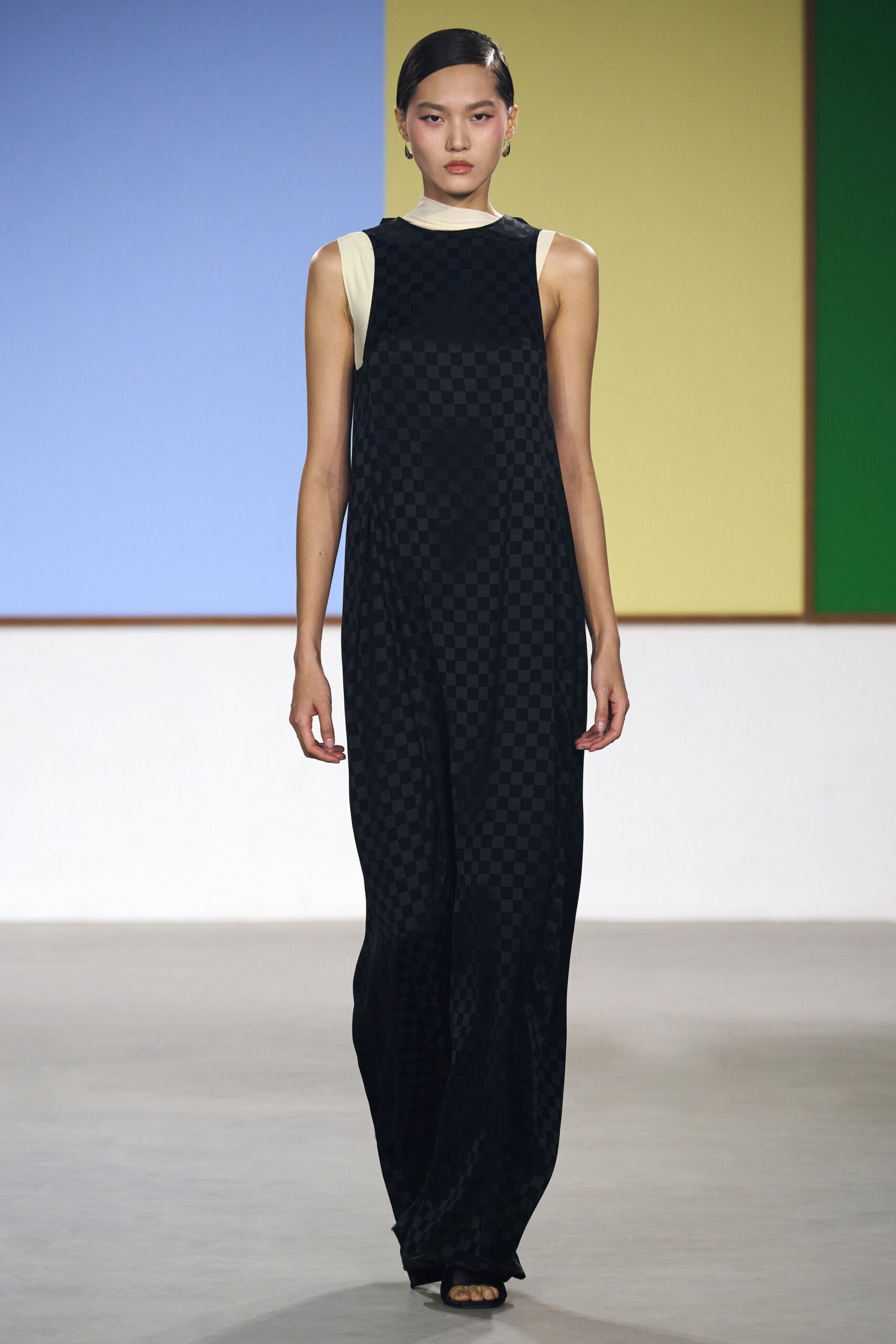 black cotton sleeveless high-neck relaxed checked maxi dress