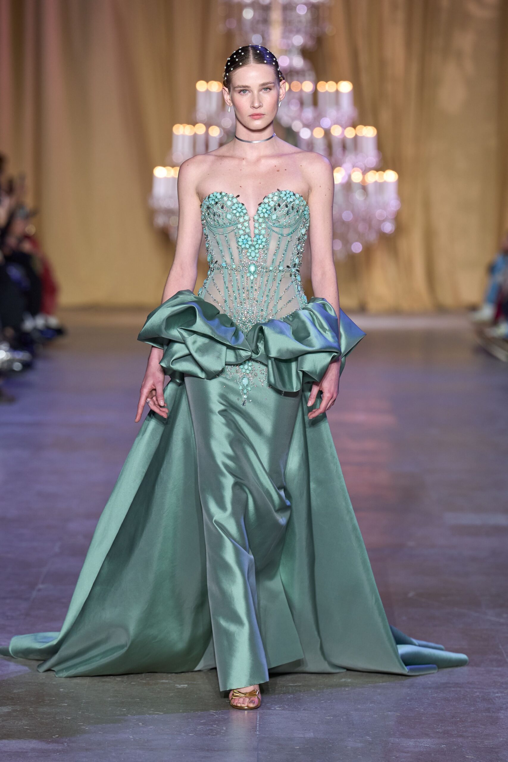 green silk sleeveless v-neck fitted embellished ruffled gown