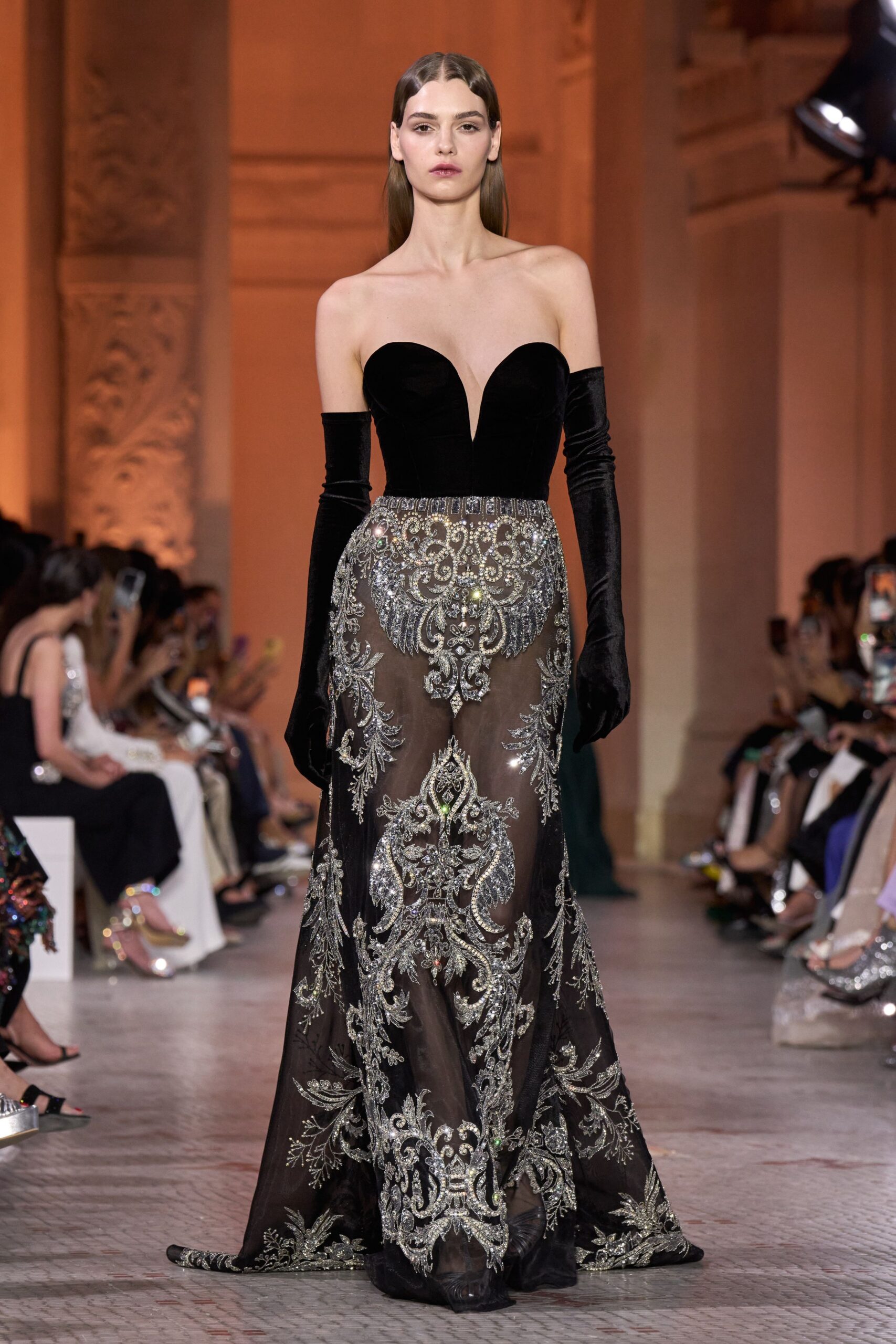 black silk strapless v-neck fitted embroidered layered gown