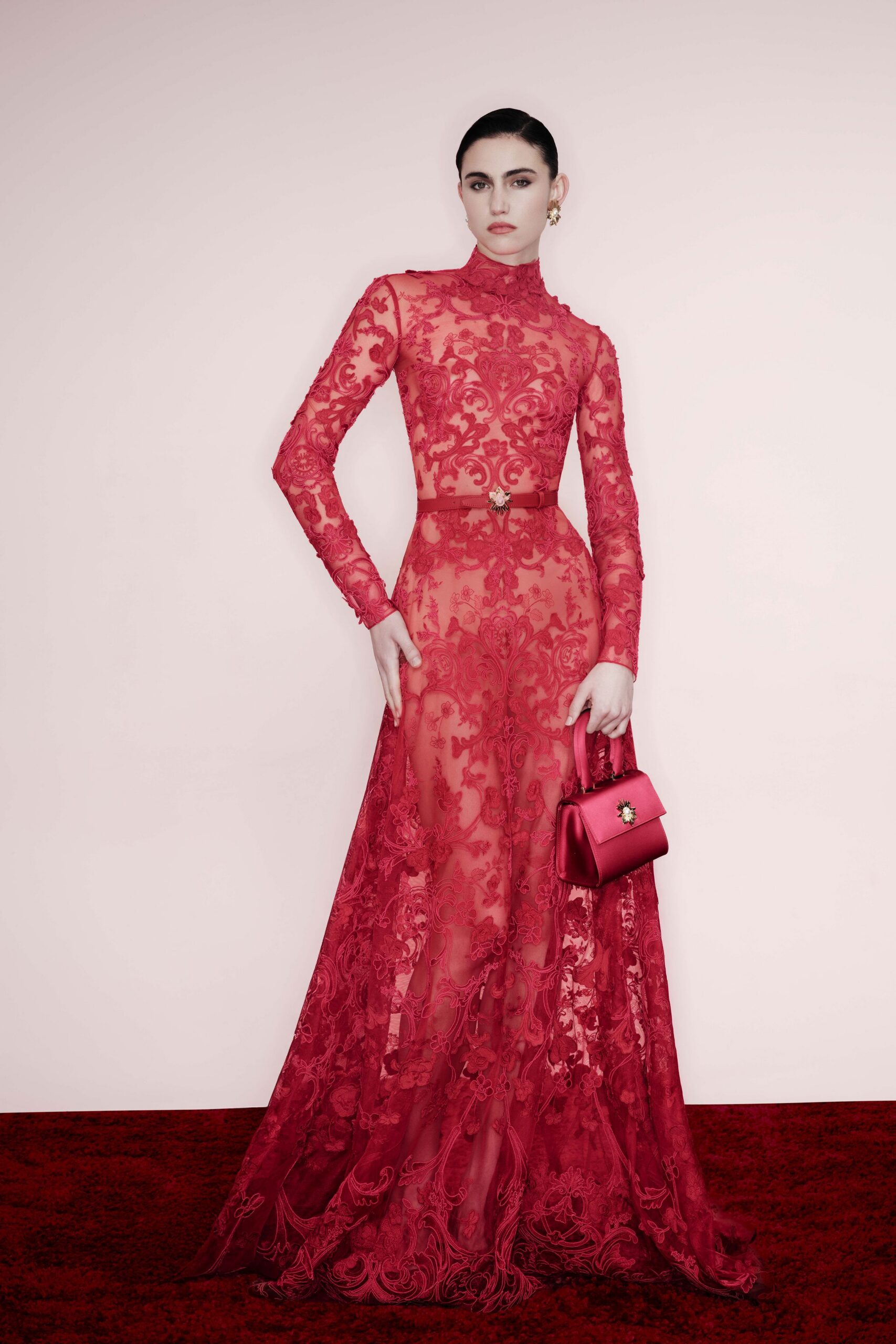 red lace long-sleeve high-neck fitted embroidered gown