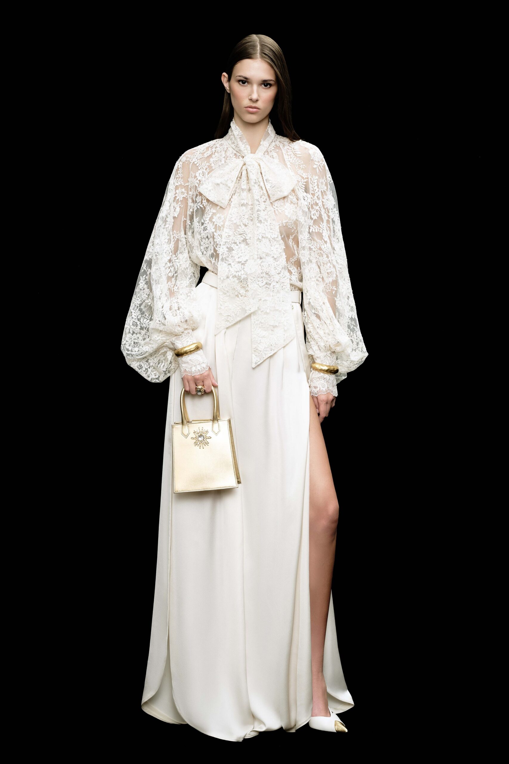 white lace long-sleeve collared fitted ruffled blouse