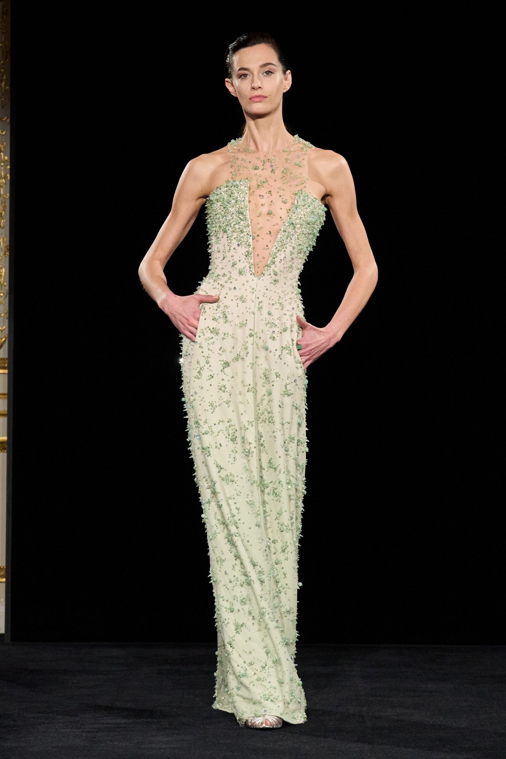 green ivory embroidered gown