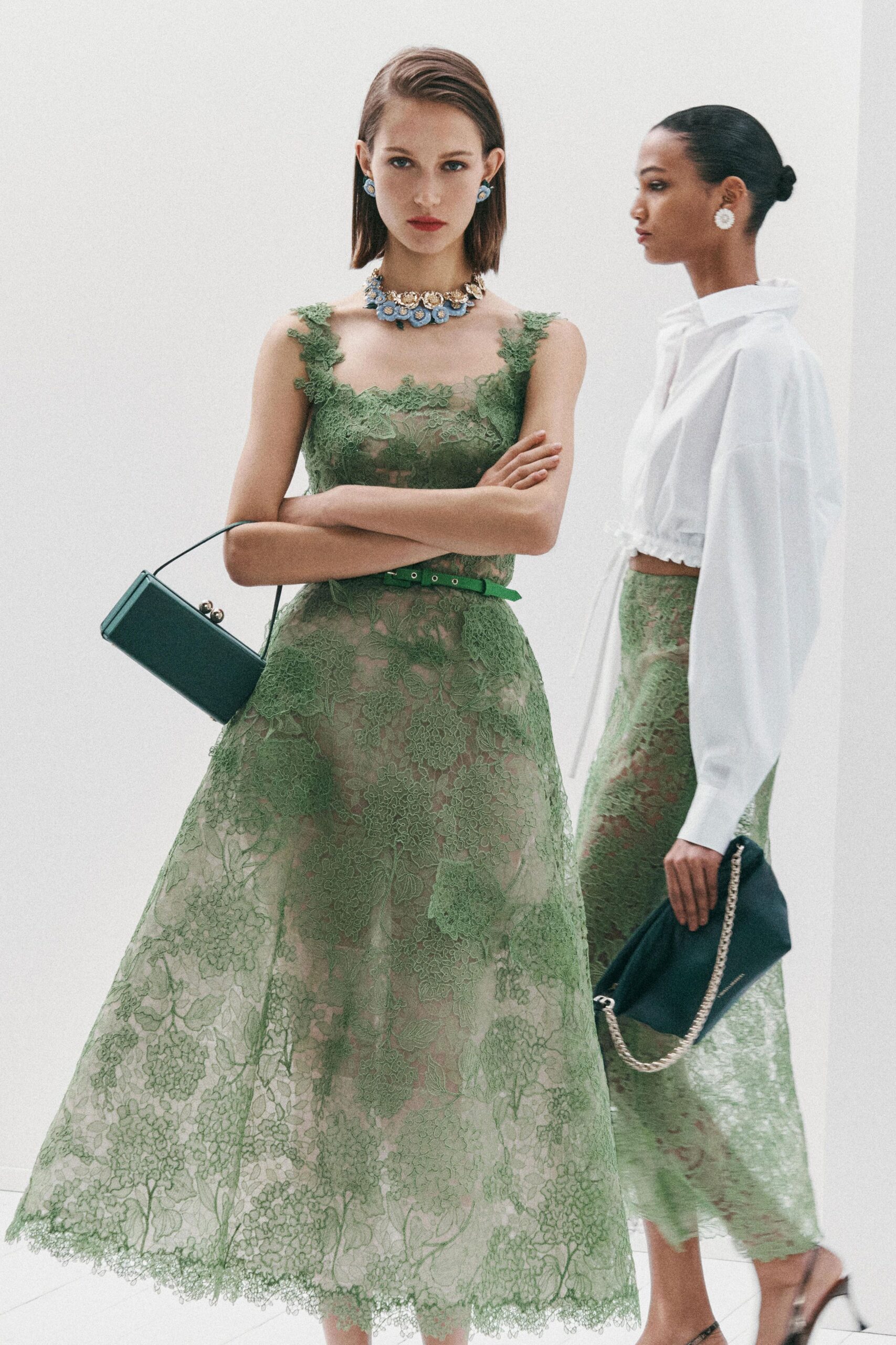 green lace sleeveless square-neck fitted pleated embroidered dress