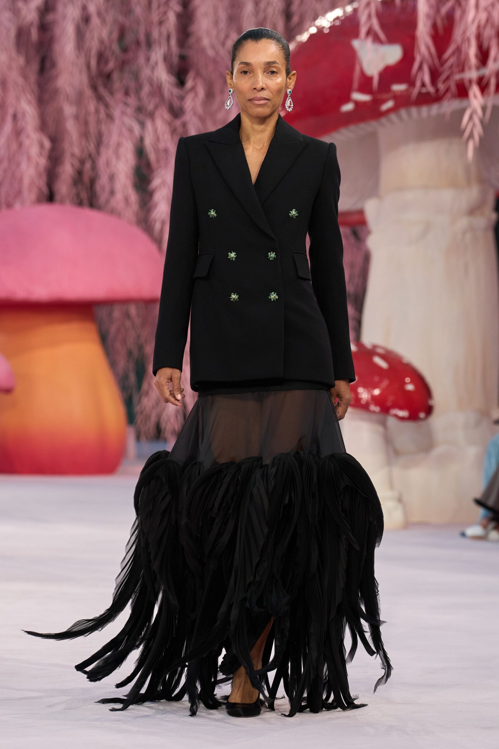 black silk fitted high-waisted pleated flowing maxi skirt