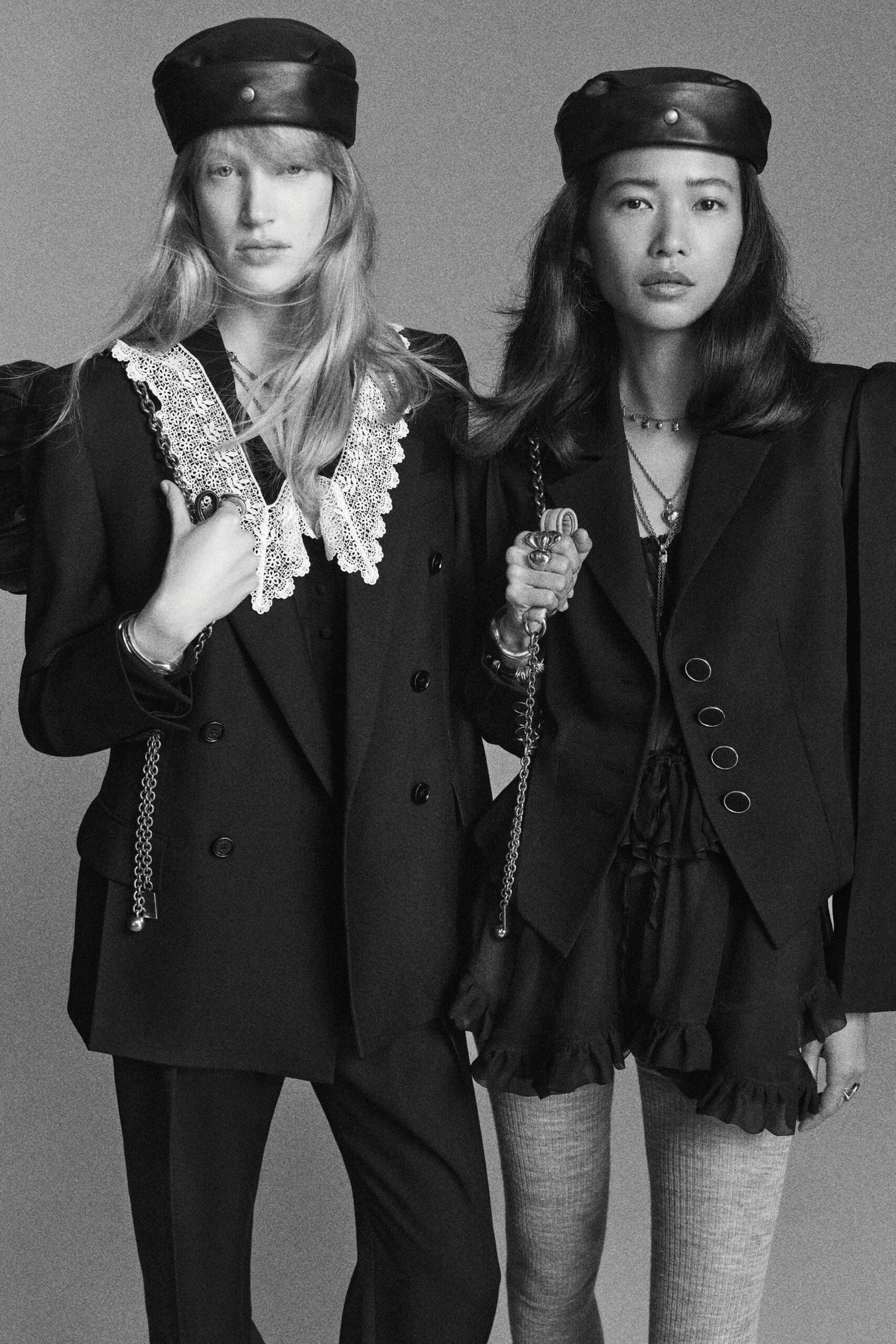 black tailored blazers and ruffled top