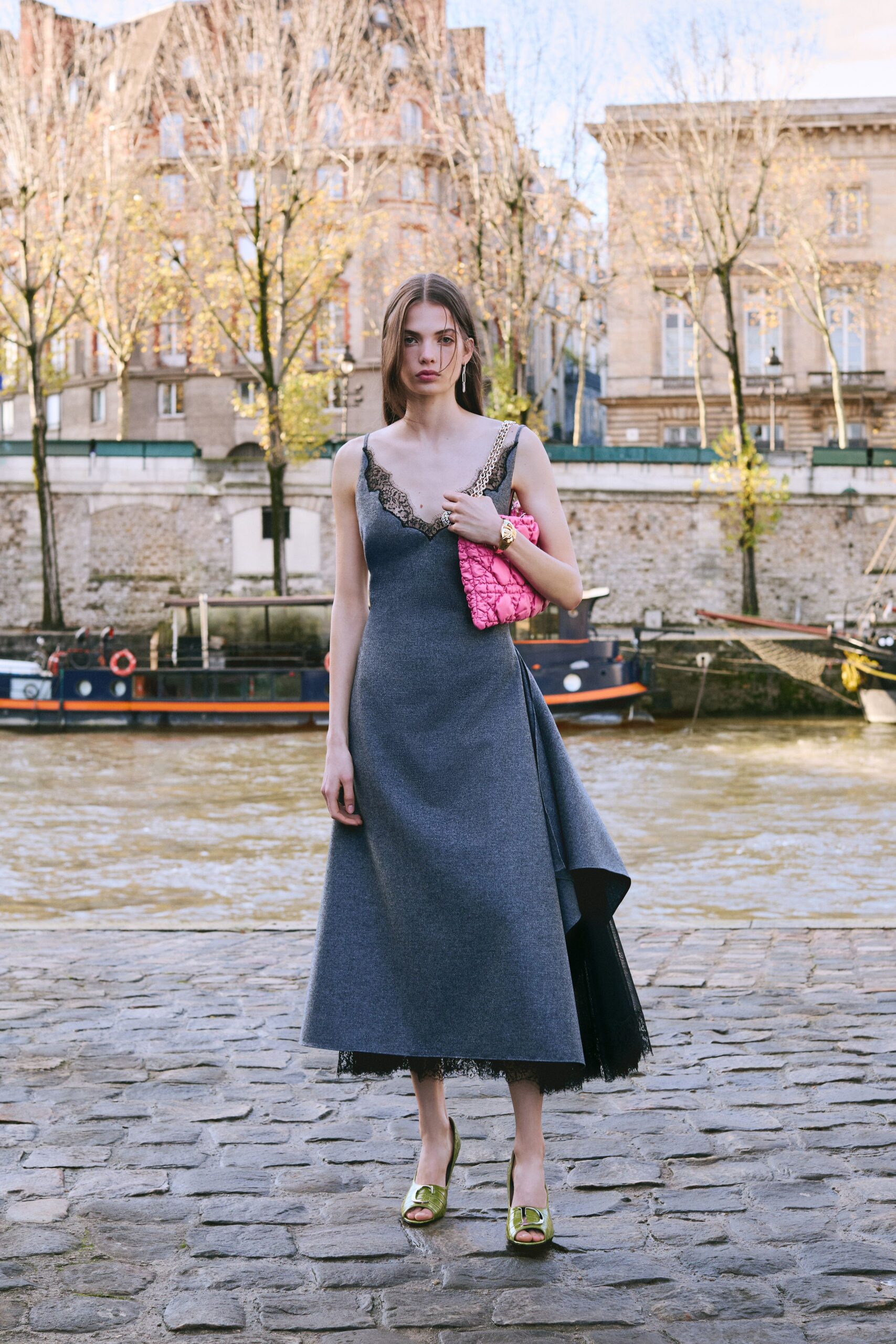 gray wool sleeveless v-neck fitted layered midi dress