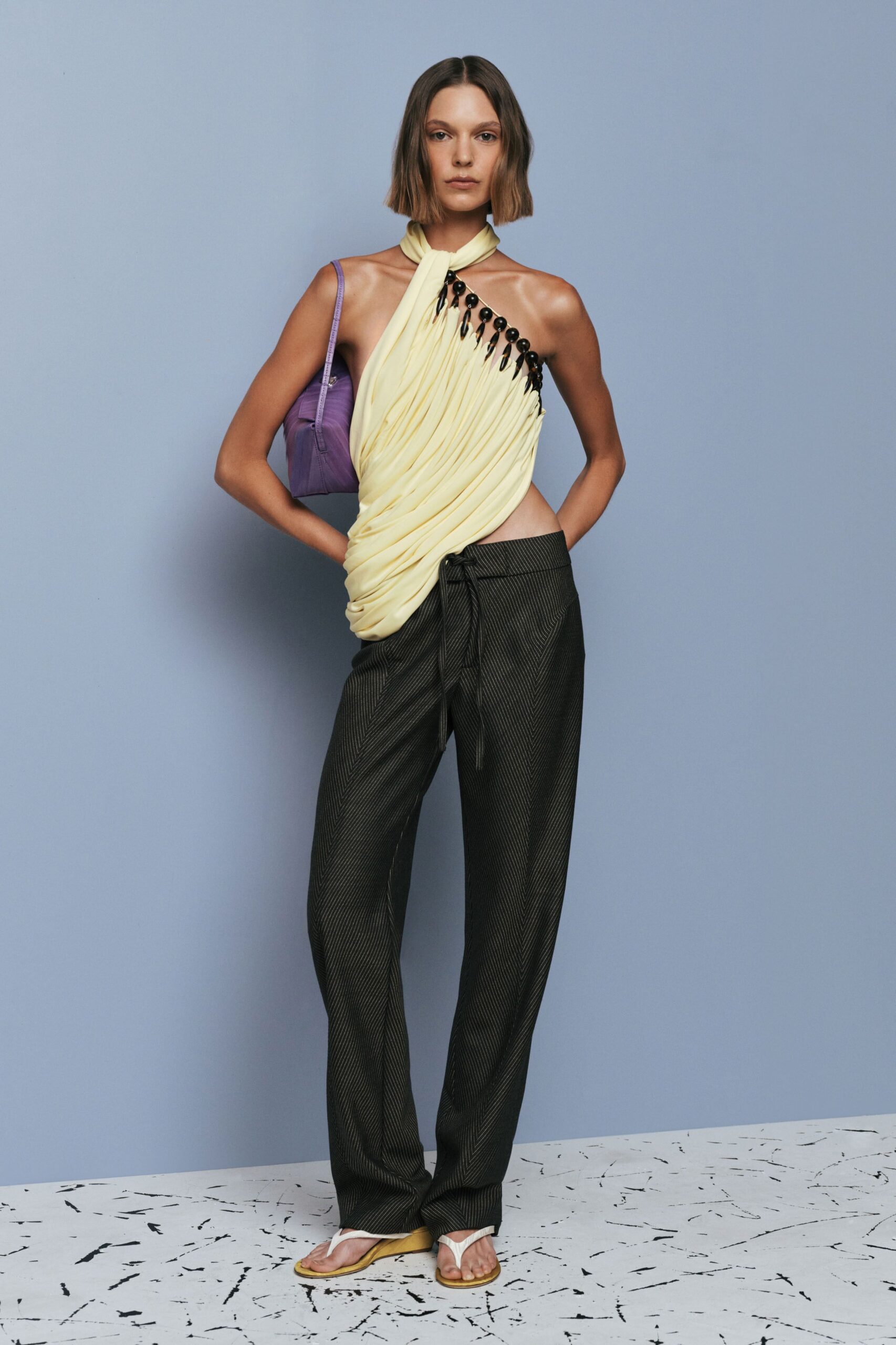 yellow cotton sleeveless halter fitted draped top