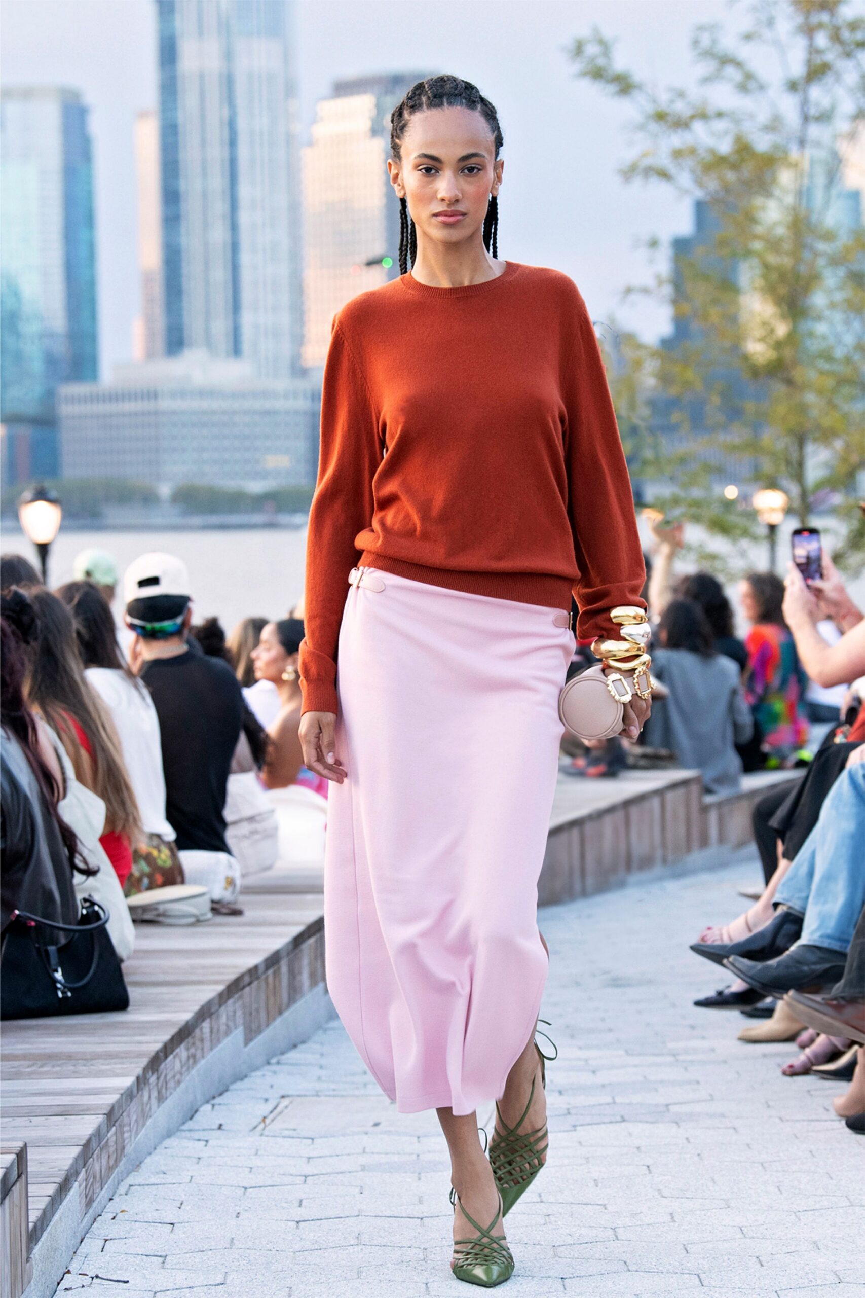pink silk slit fitted high-waisted midi skirt