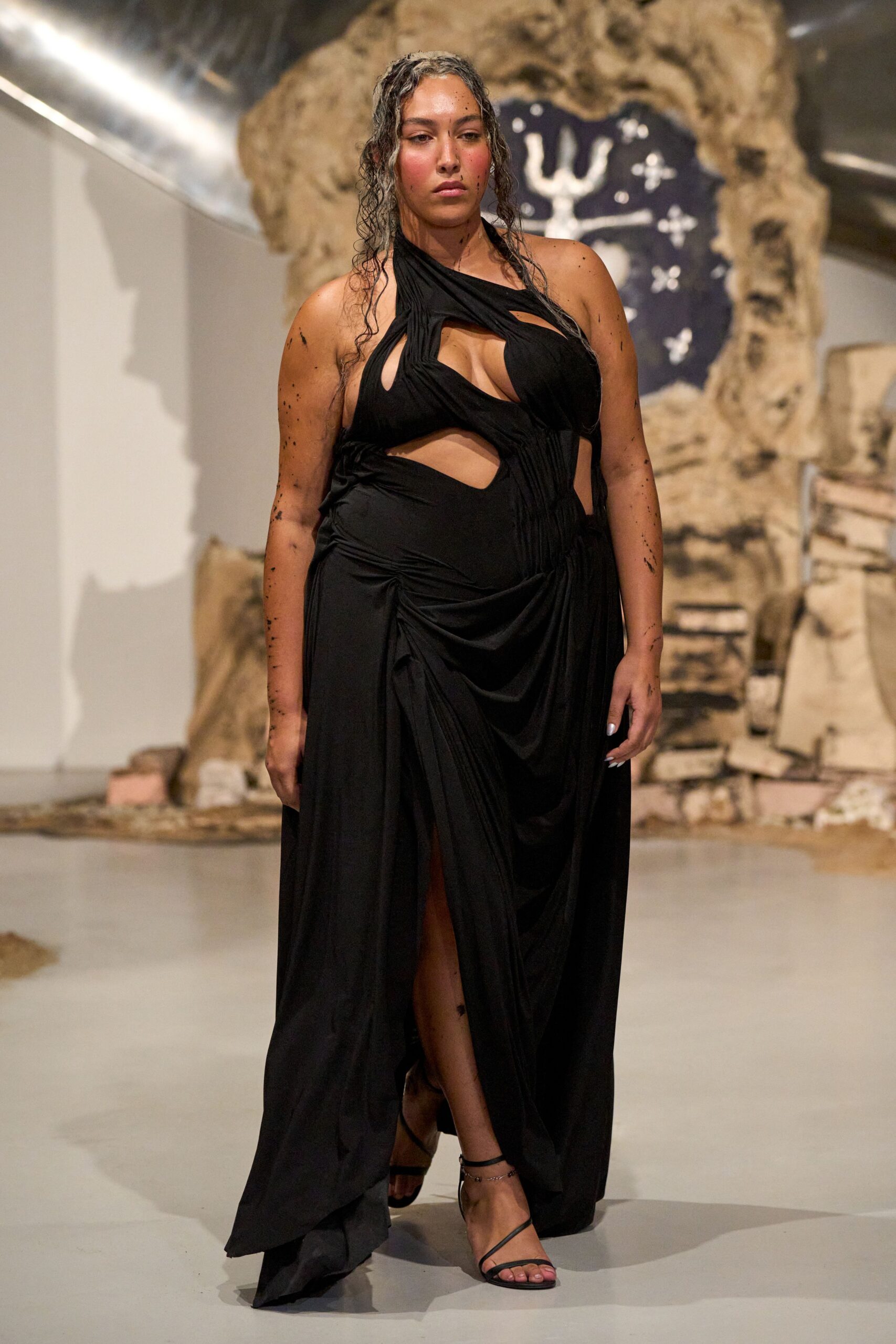 black silk halter gown with slit