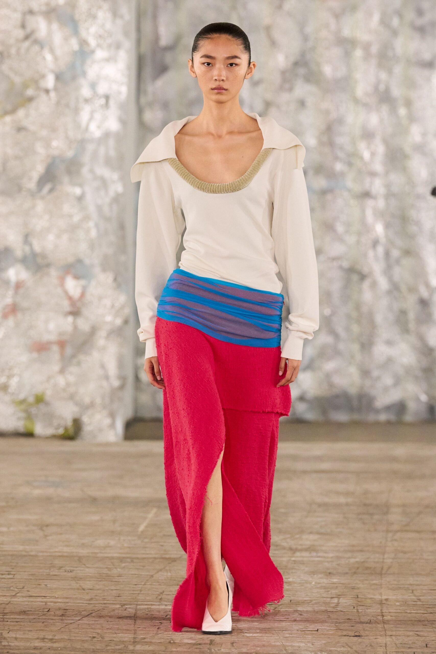 red wool asymmetric slit fitted layered midi skirt