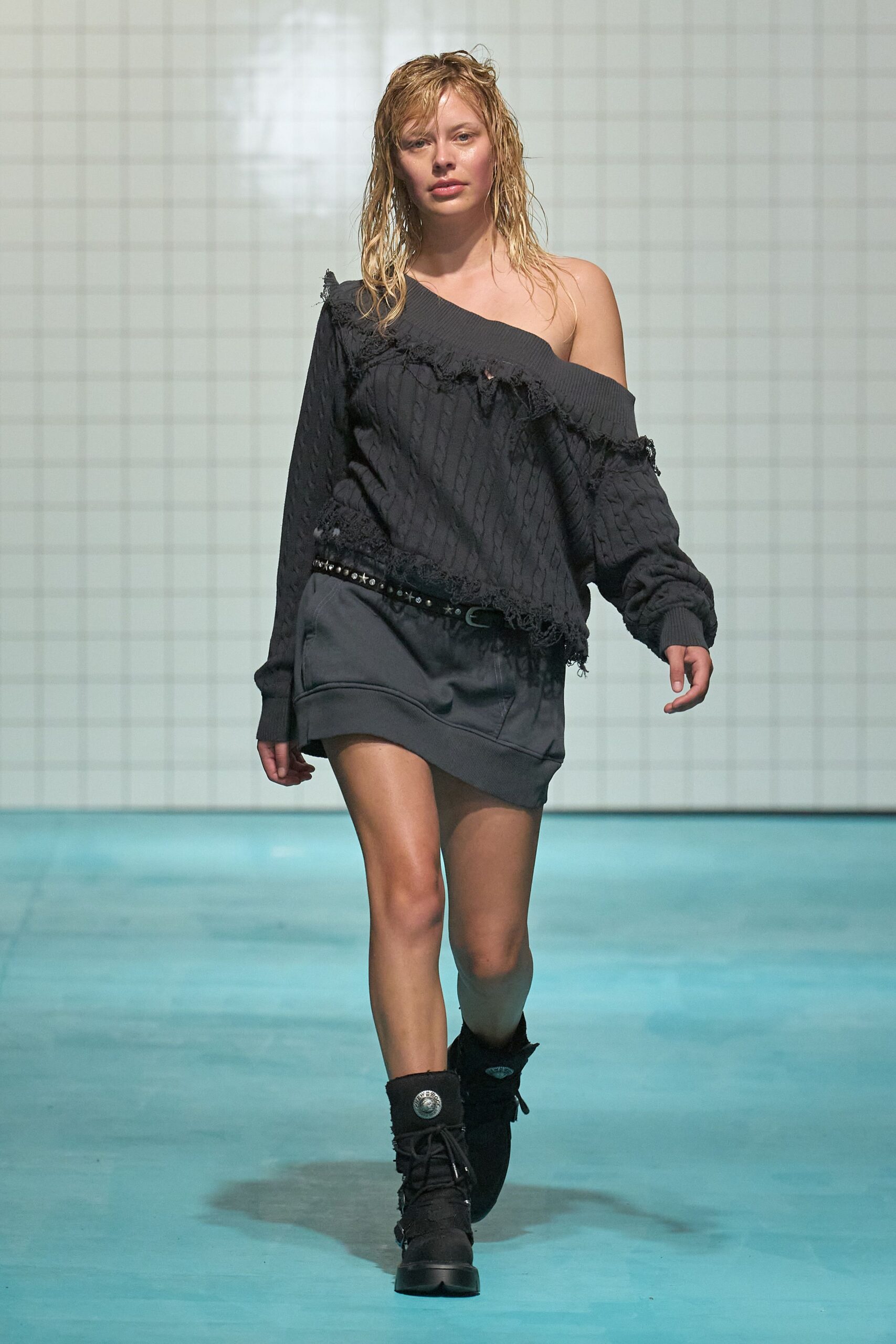 black cotton long-sleeve off-shoulder fitted ruffled mini dress