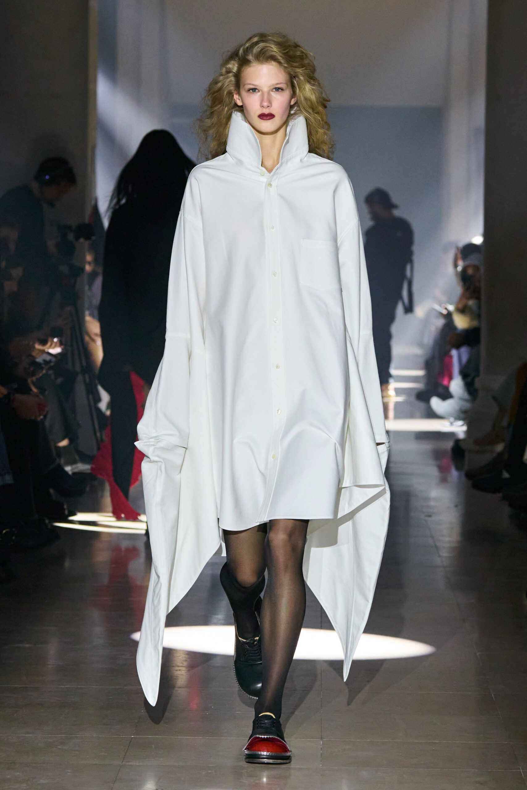 white cotton long-sleeve collared oversized buttoned midi shirt-dress