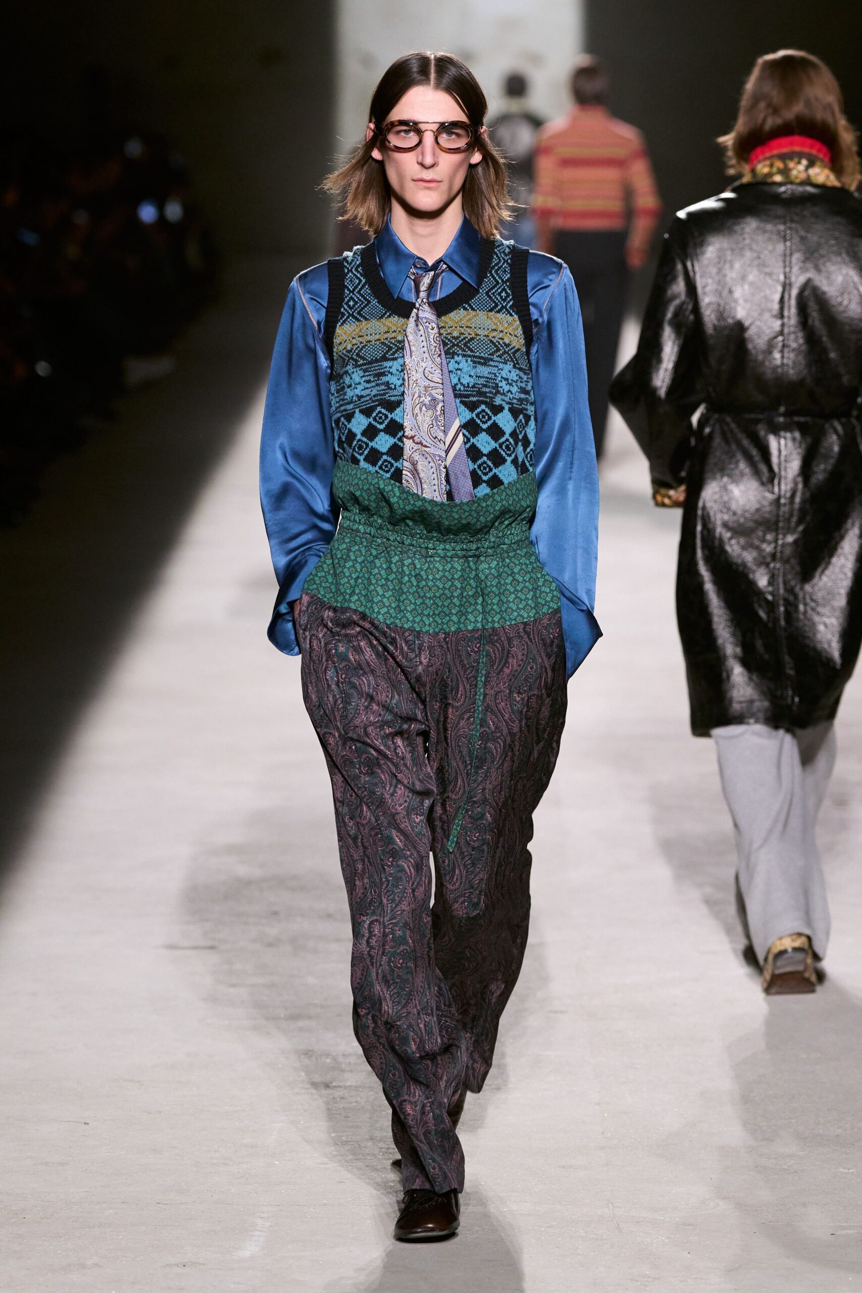 blue silk shirt with flared pants