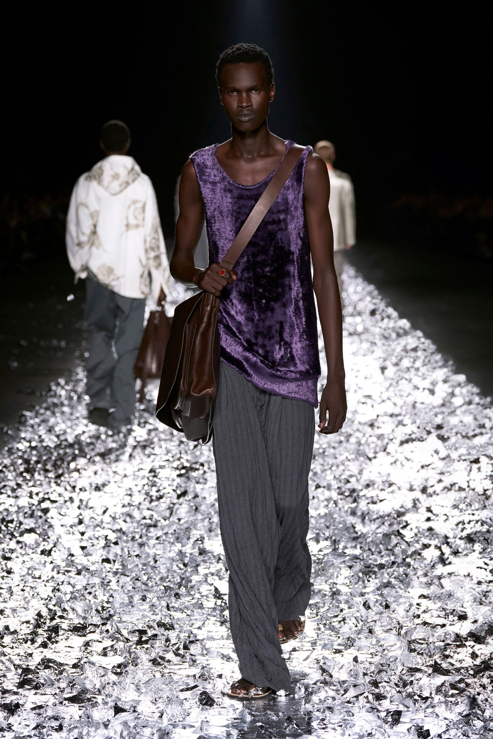purple velvet tank-top with gray pants