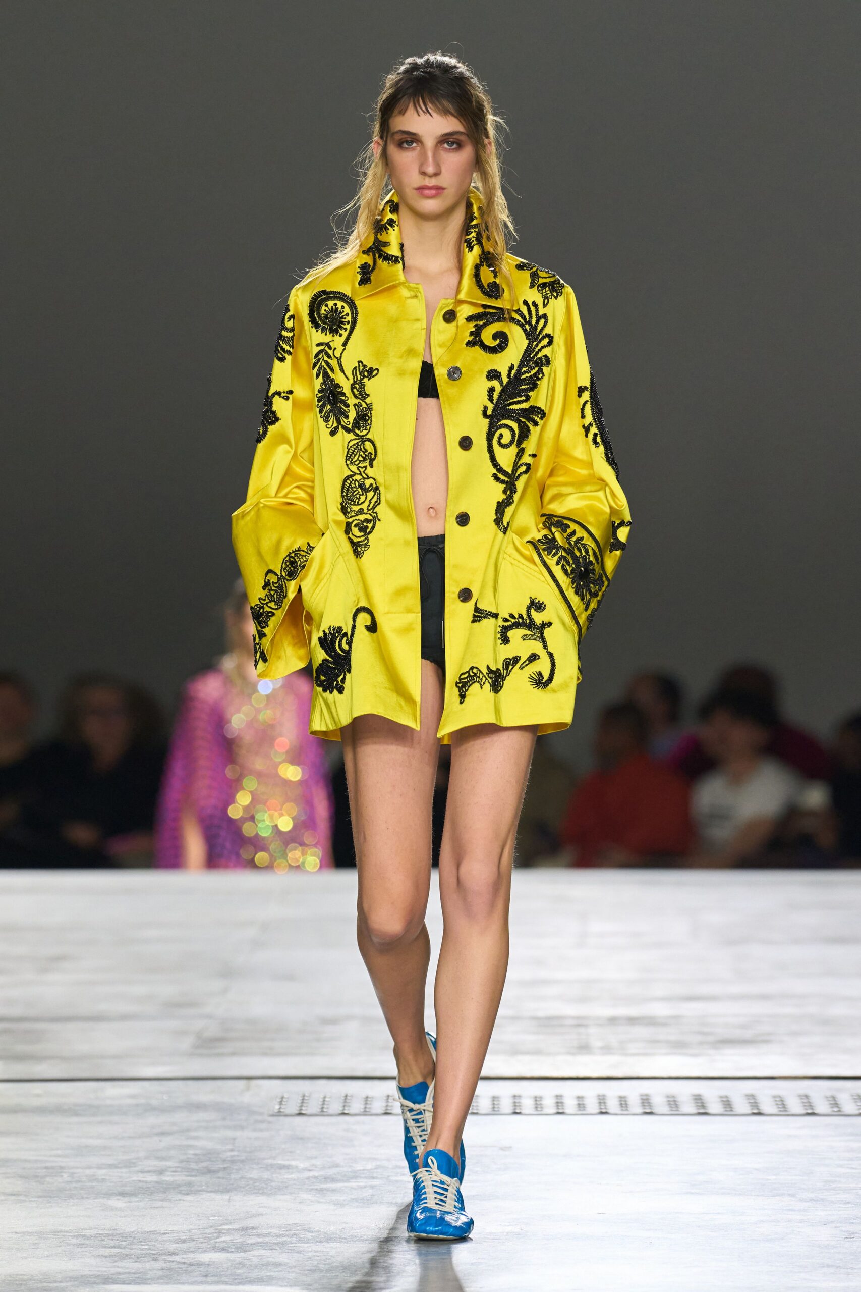 yellow silk long-sleeve collared relaxed embroidered jacket