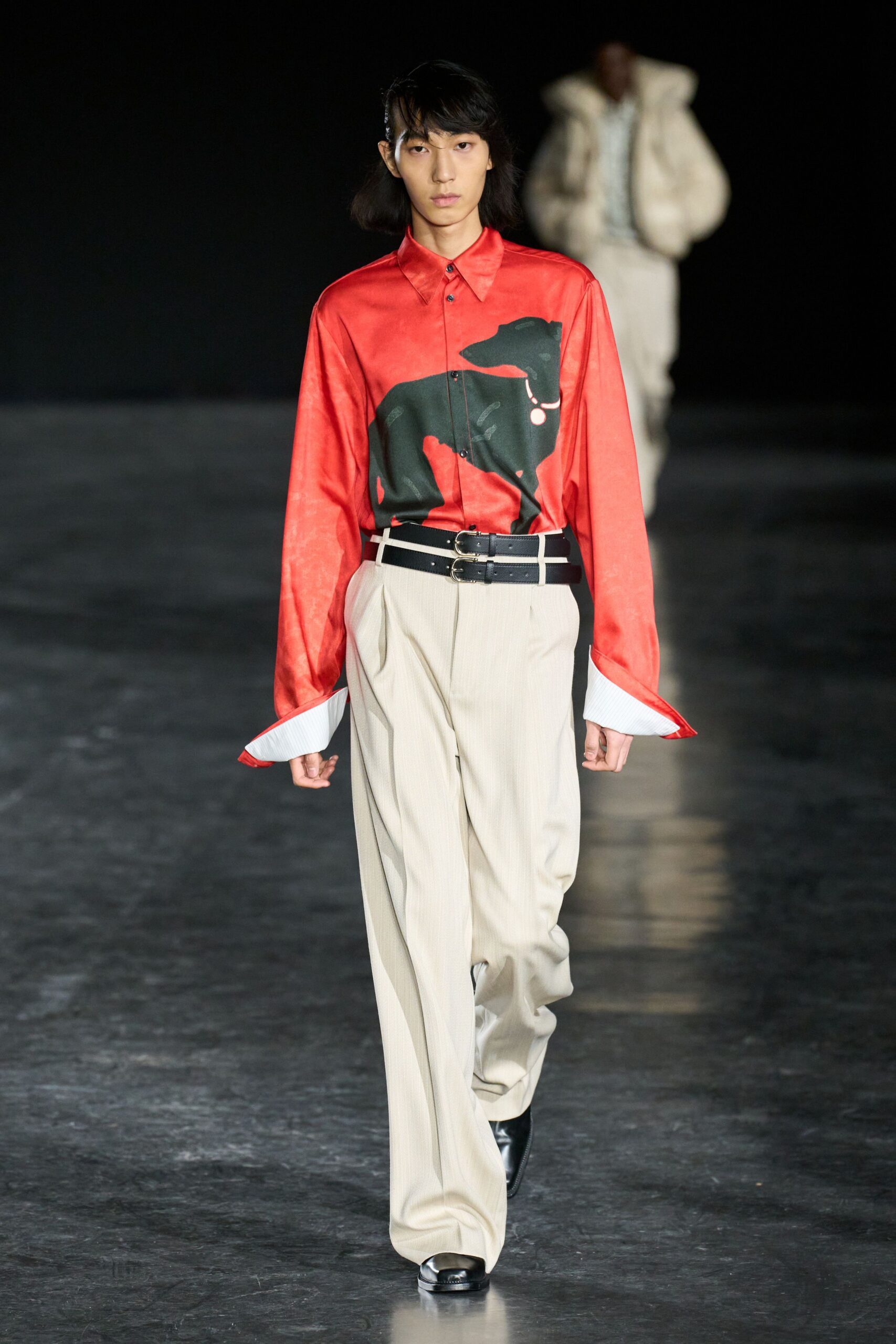 red silk long-sleeve collared relaxed printed shirt