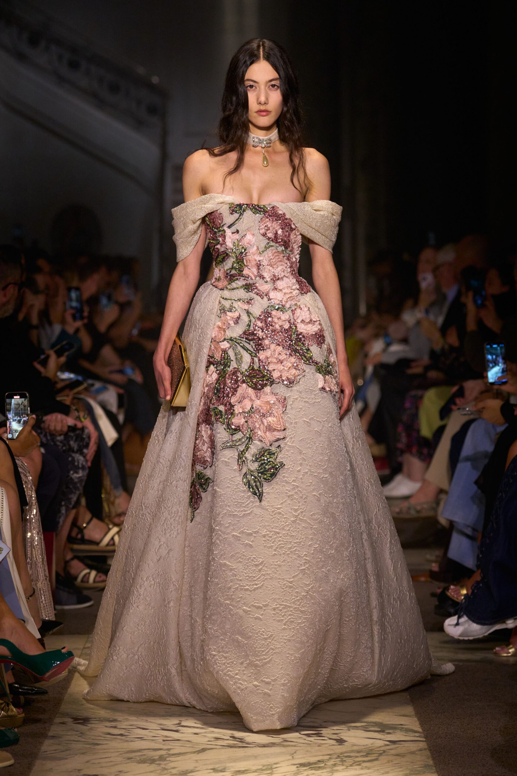beige floral embroidered gown