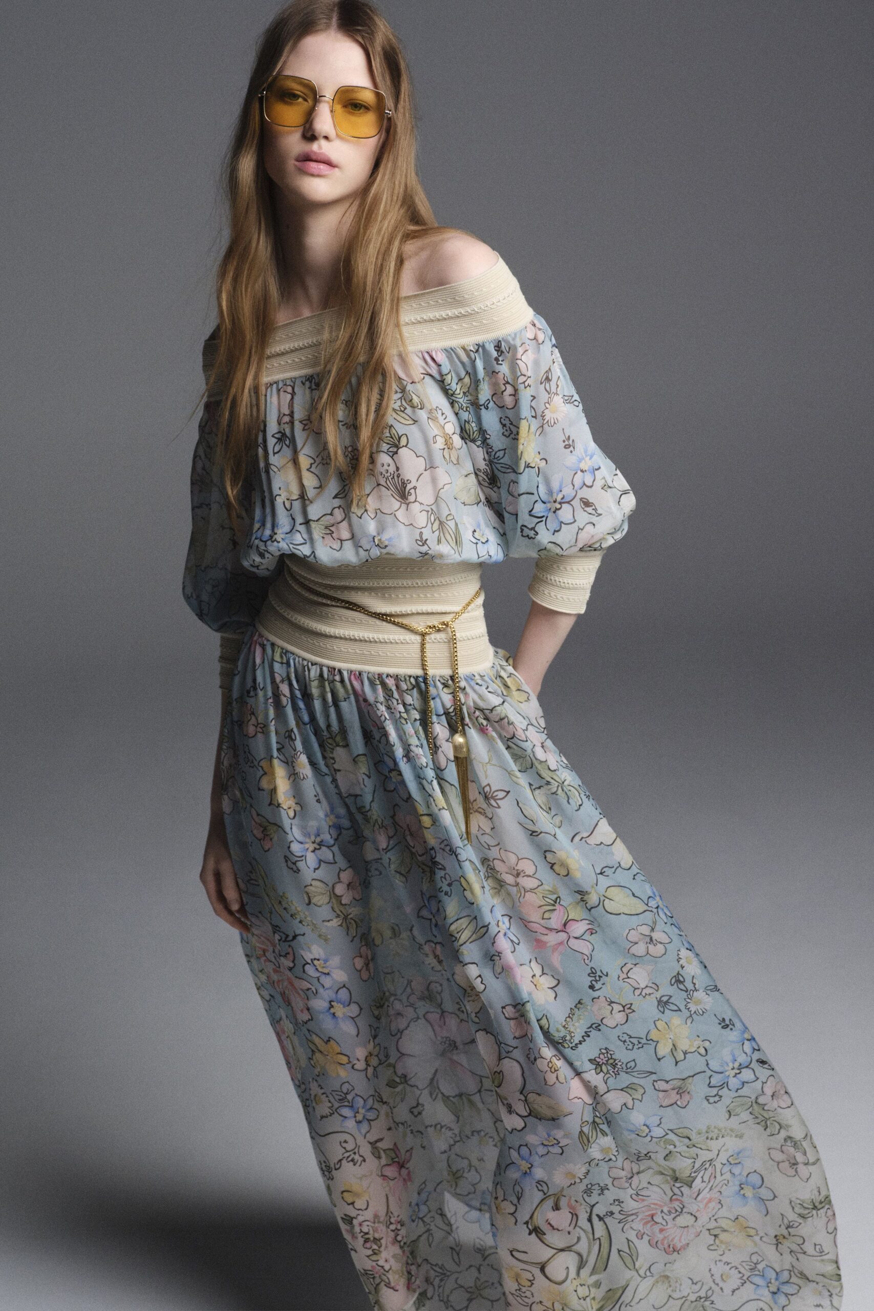 blue chiffon off-shoulder long-sleeve relaxed floral tiered dress