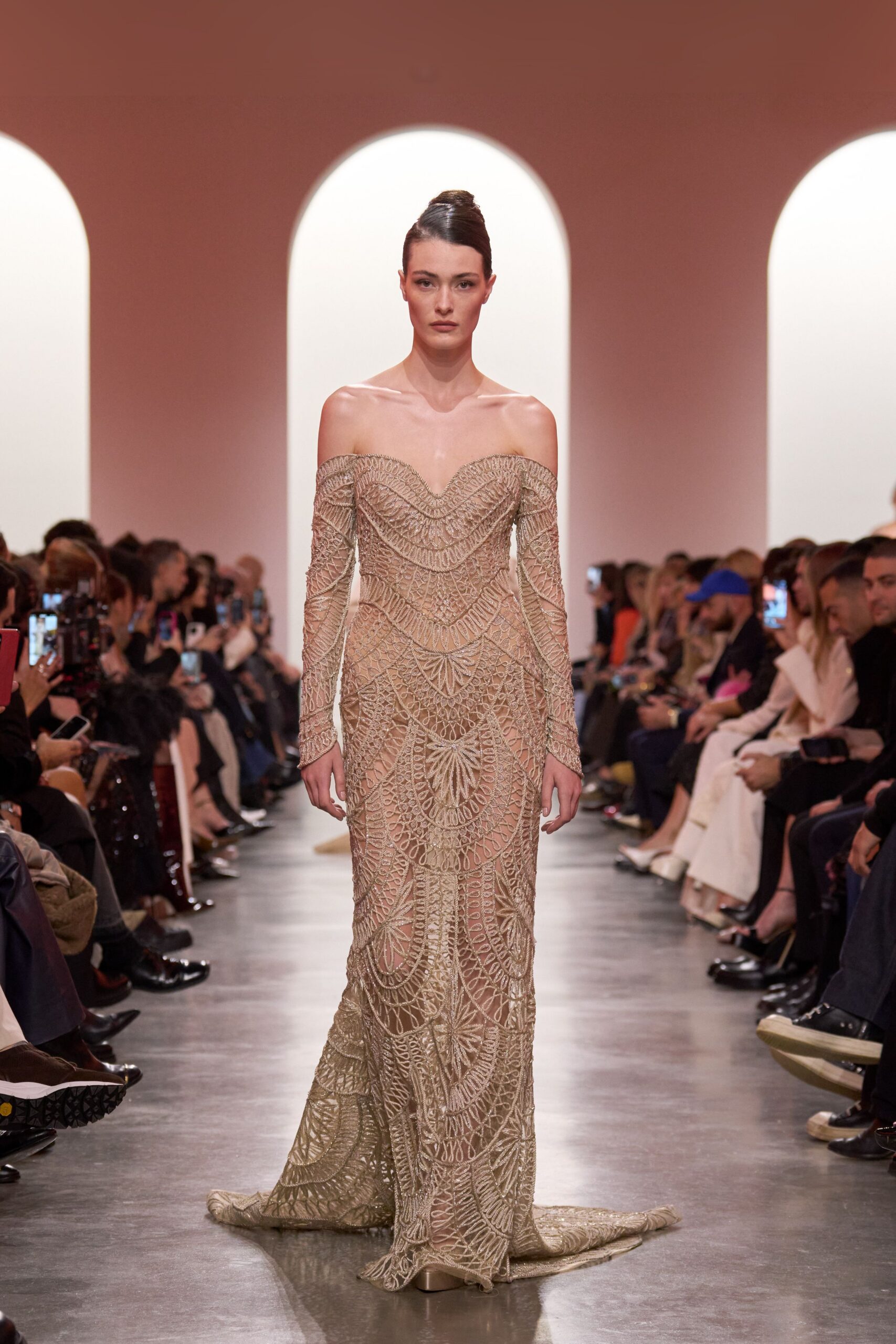 gold embellished off-shoulder gown