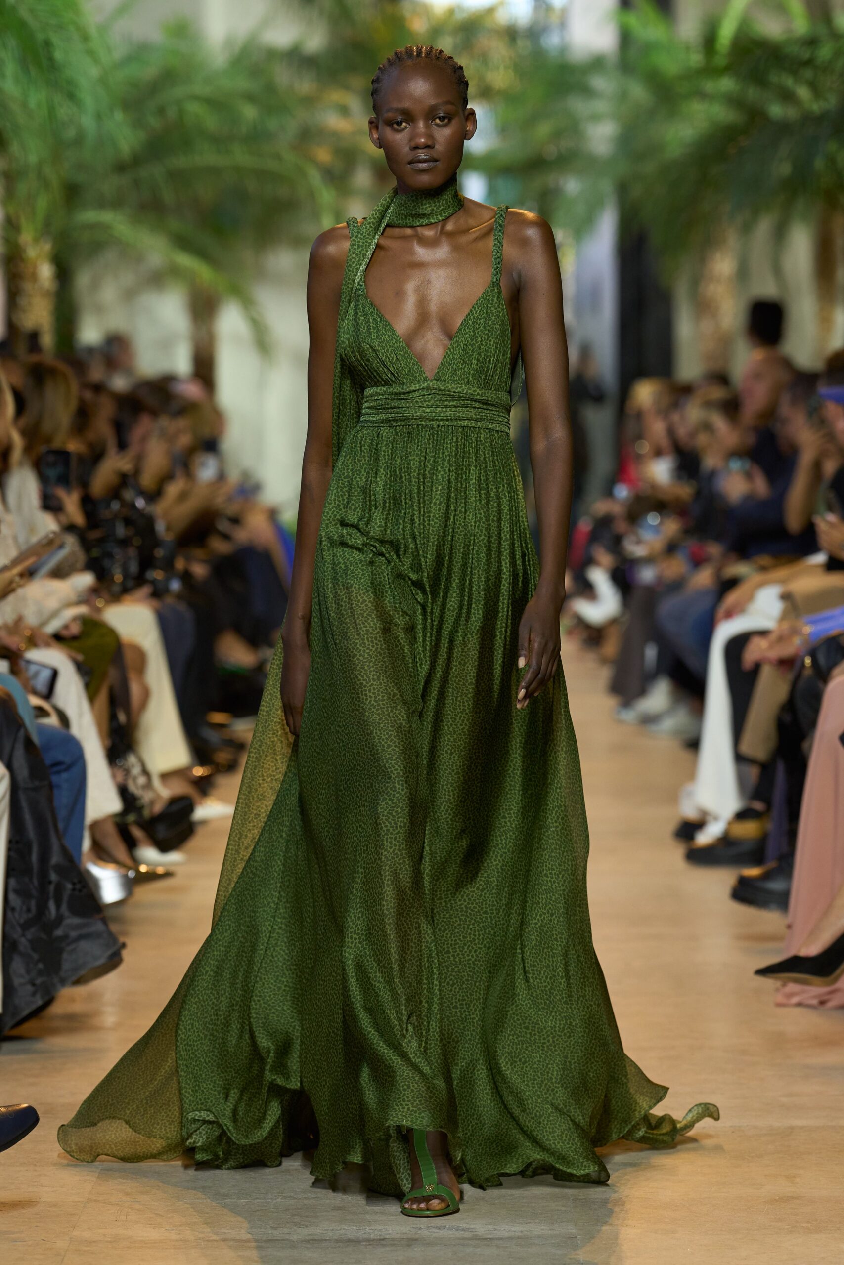 green silk sleeveless gown