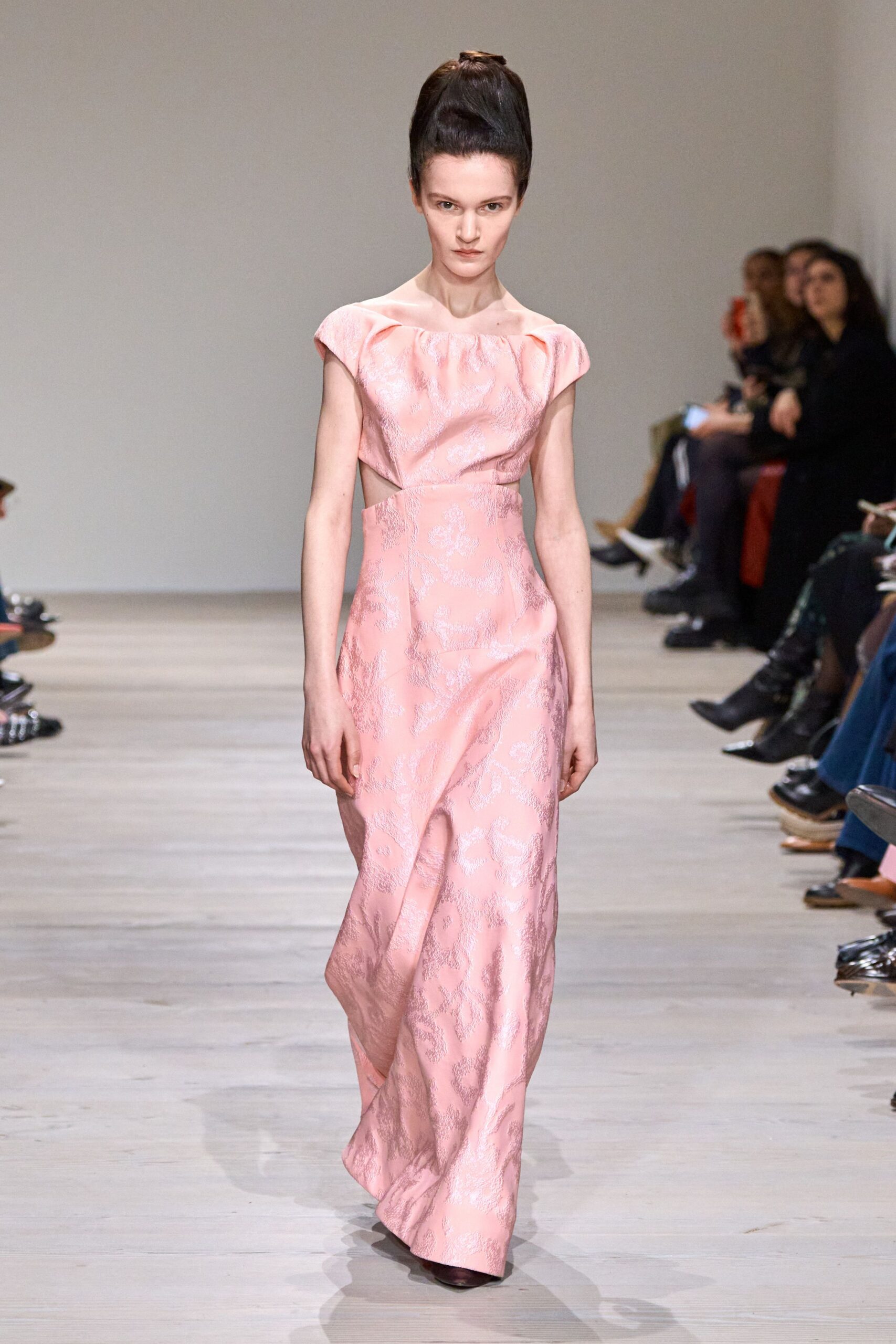 pink silk short-sleeve high-neck fitted embroidered maxi gown