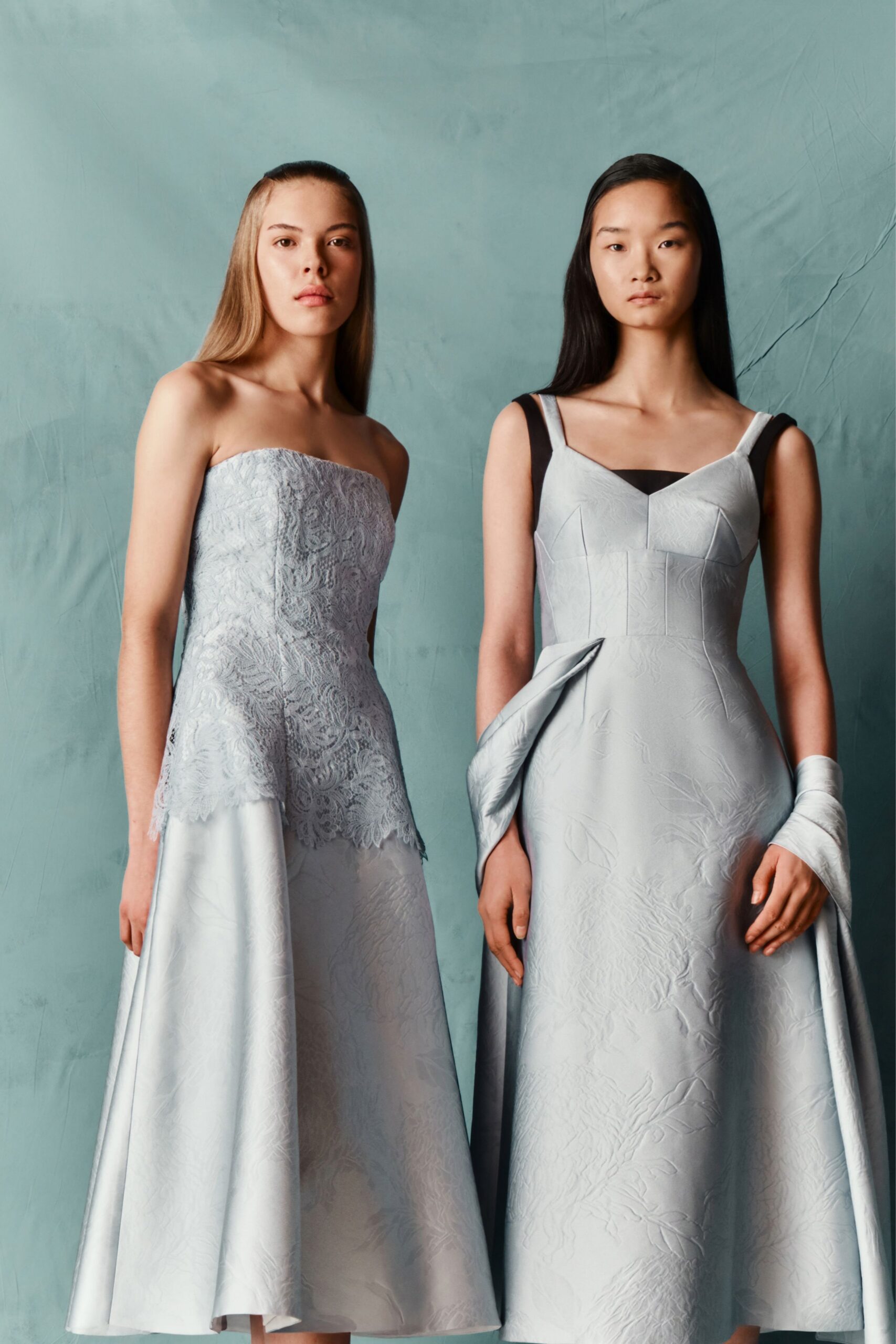 blue silk sleeveless v-neck fitted structured midi dress