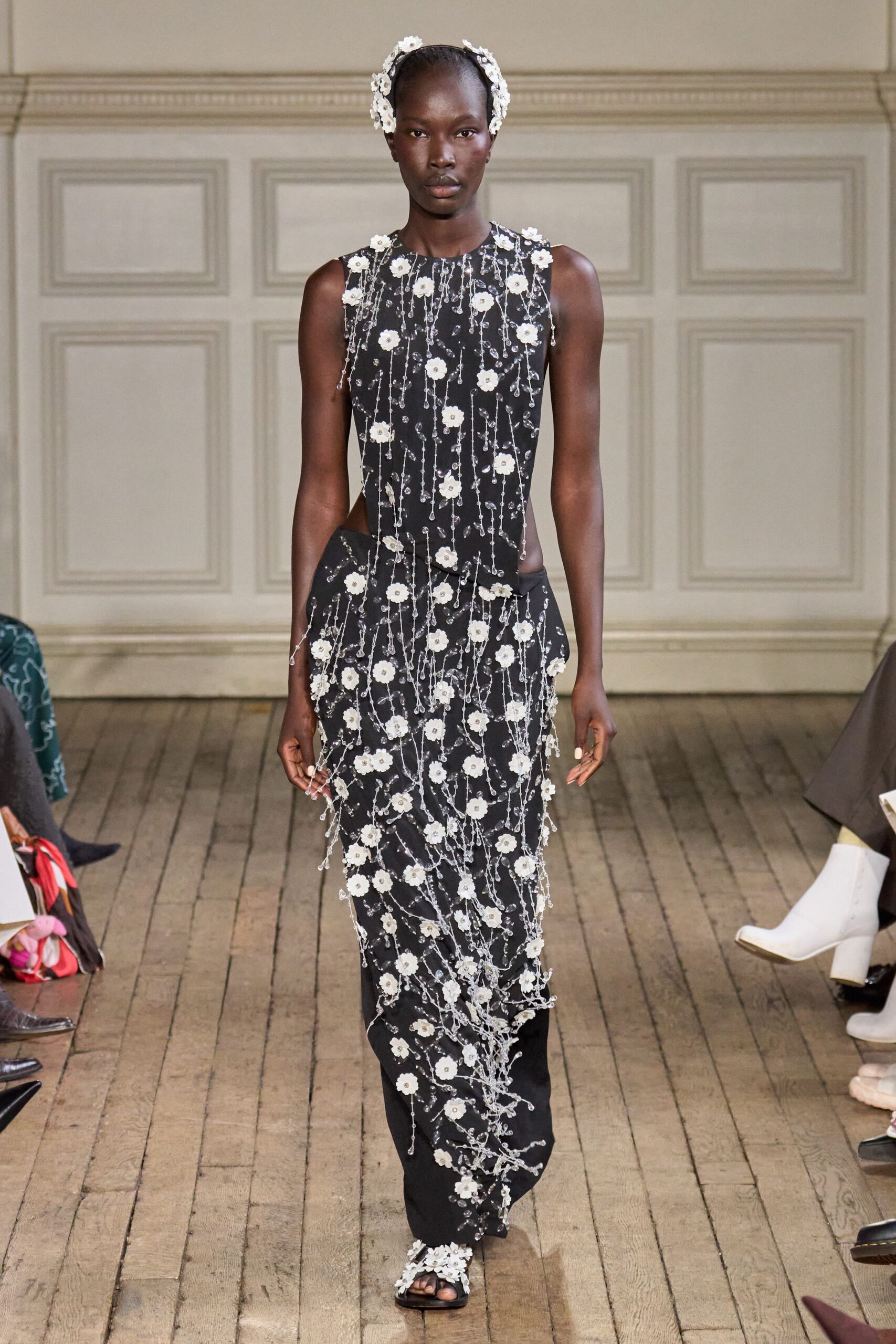 black silk embroidered gown