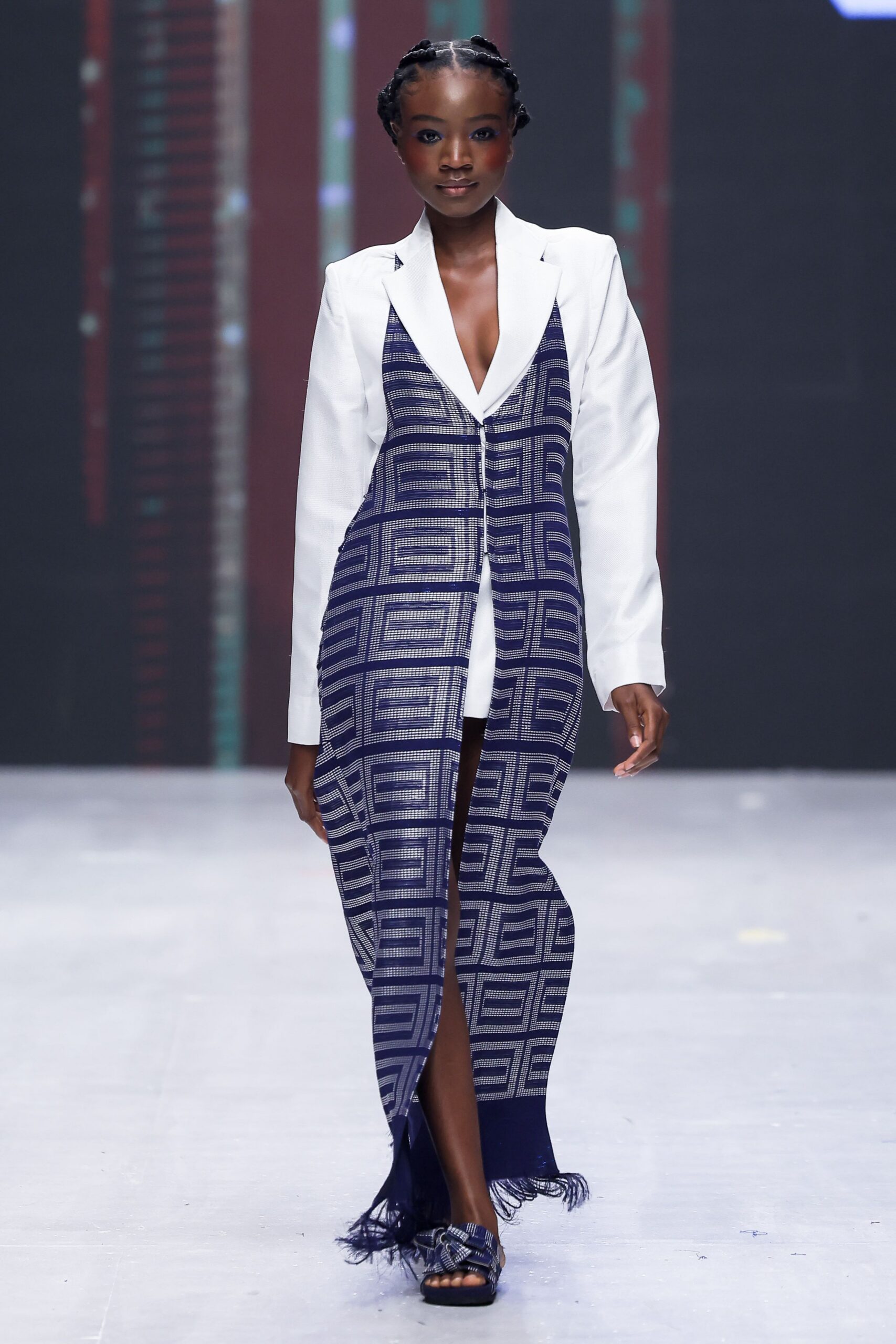 blue cotton sleeveless v-neck fitted printed maxi dress