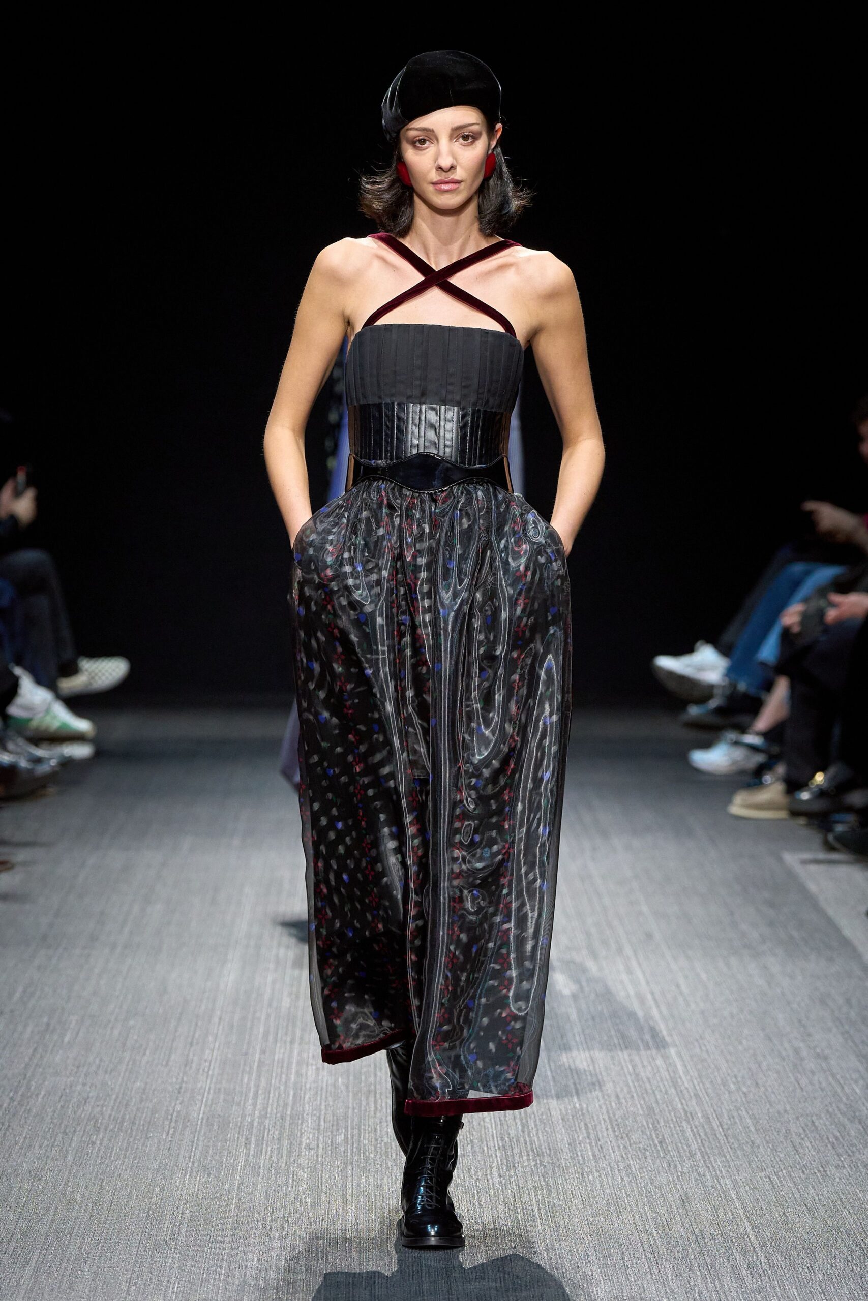 black pleated midi dress with hat