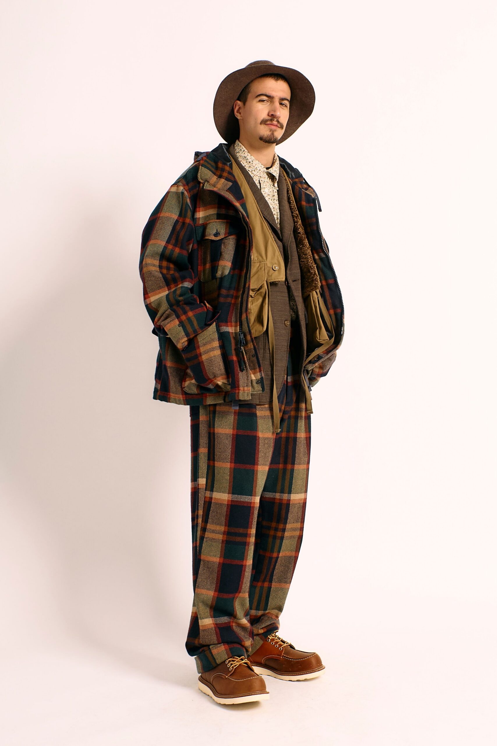 checked jacket and pants outfit