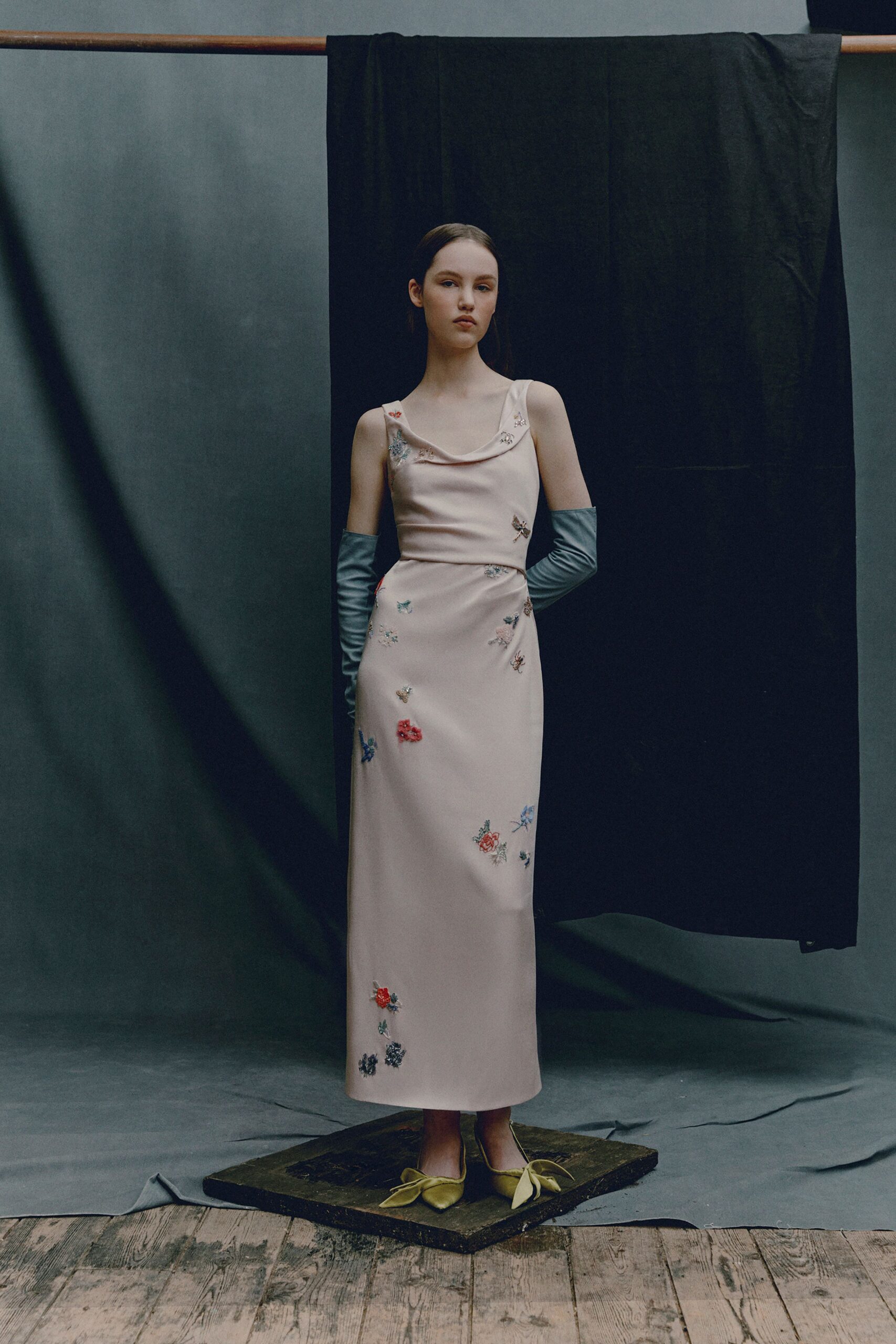 pink silk sleeveless v-neck fitted embroidered maxi dress