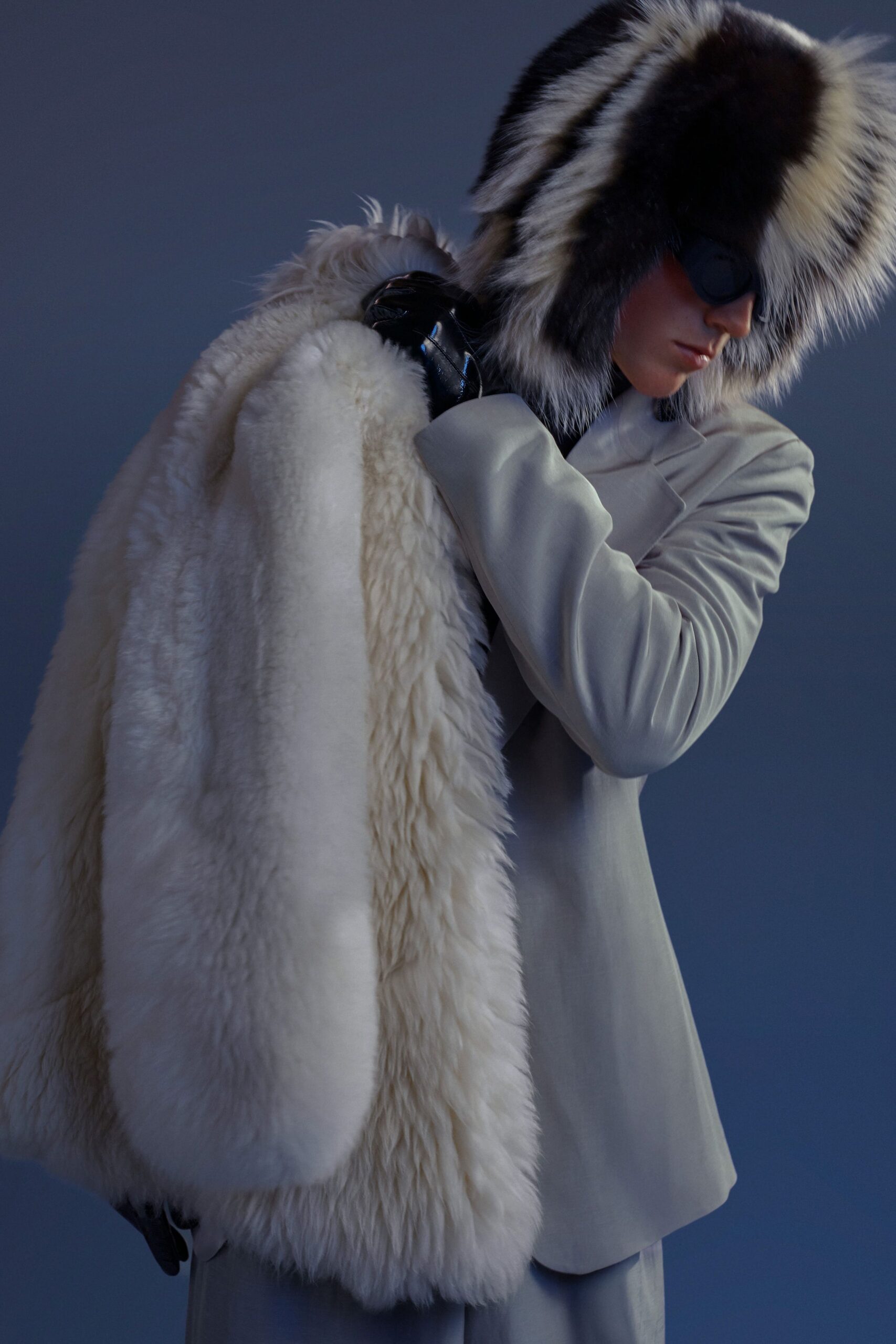 white fur coat gray suit