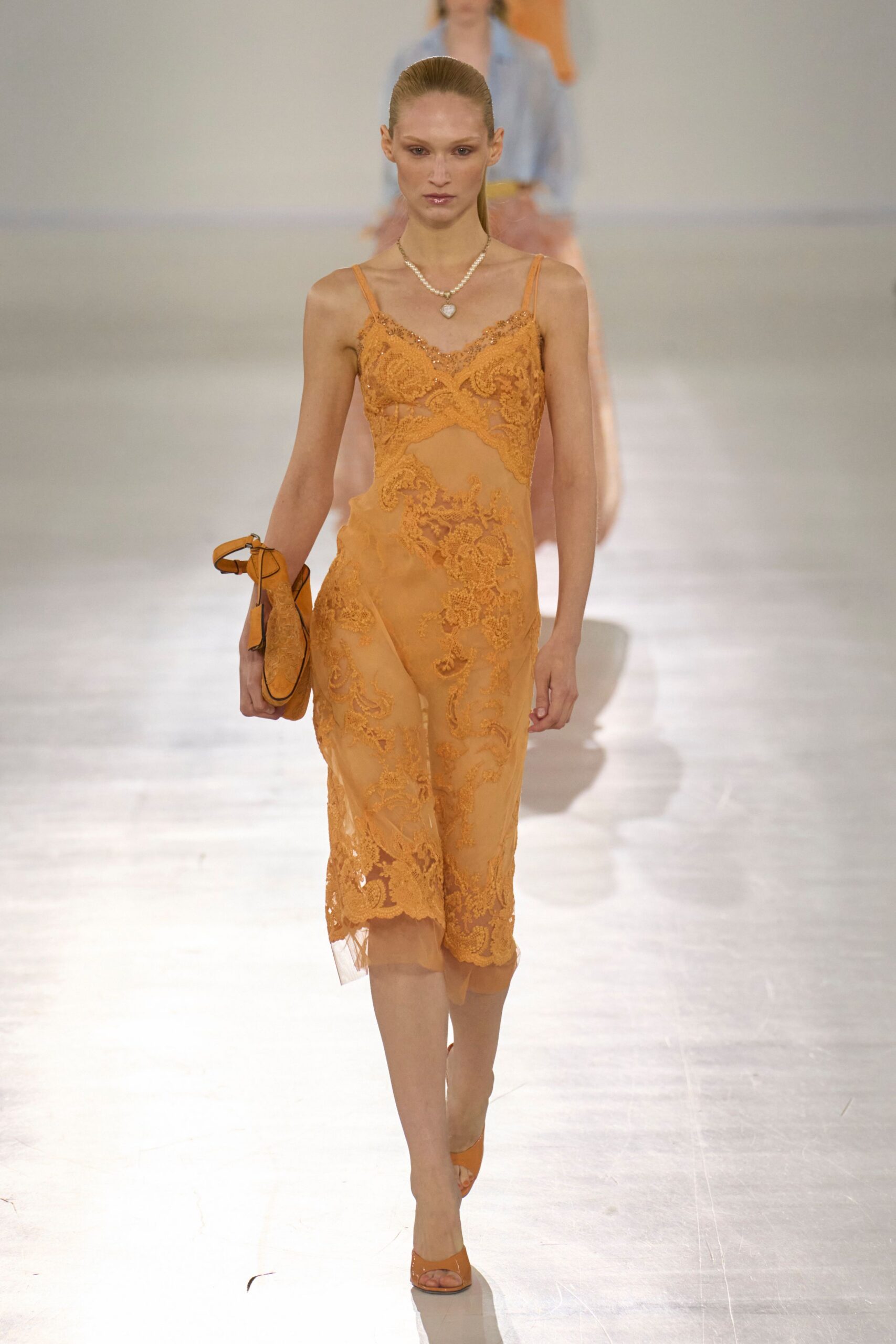 orange lace sleeveless v-neck fitted embroidered sheer dress