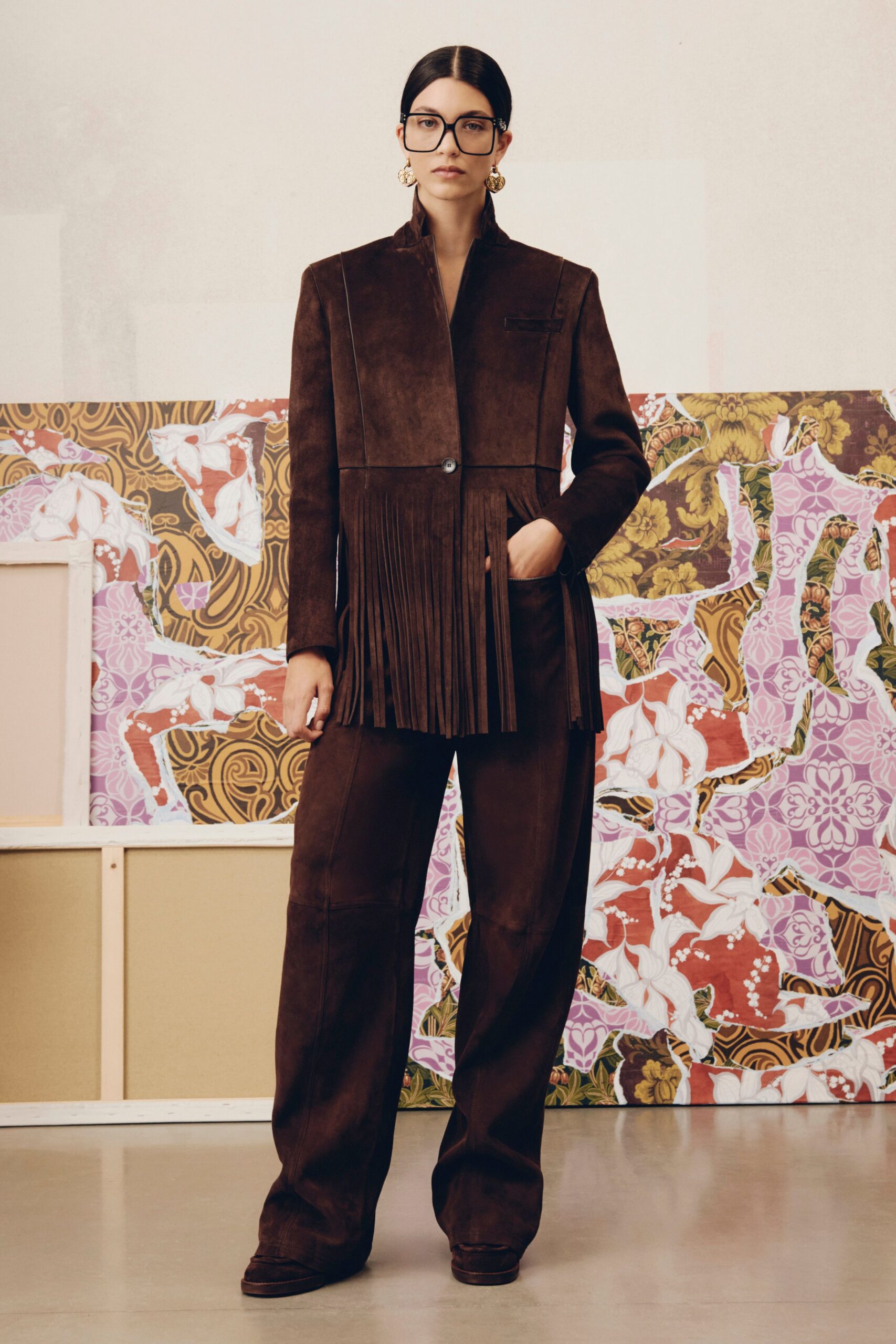 brown suede relaxed straight-leg pants