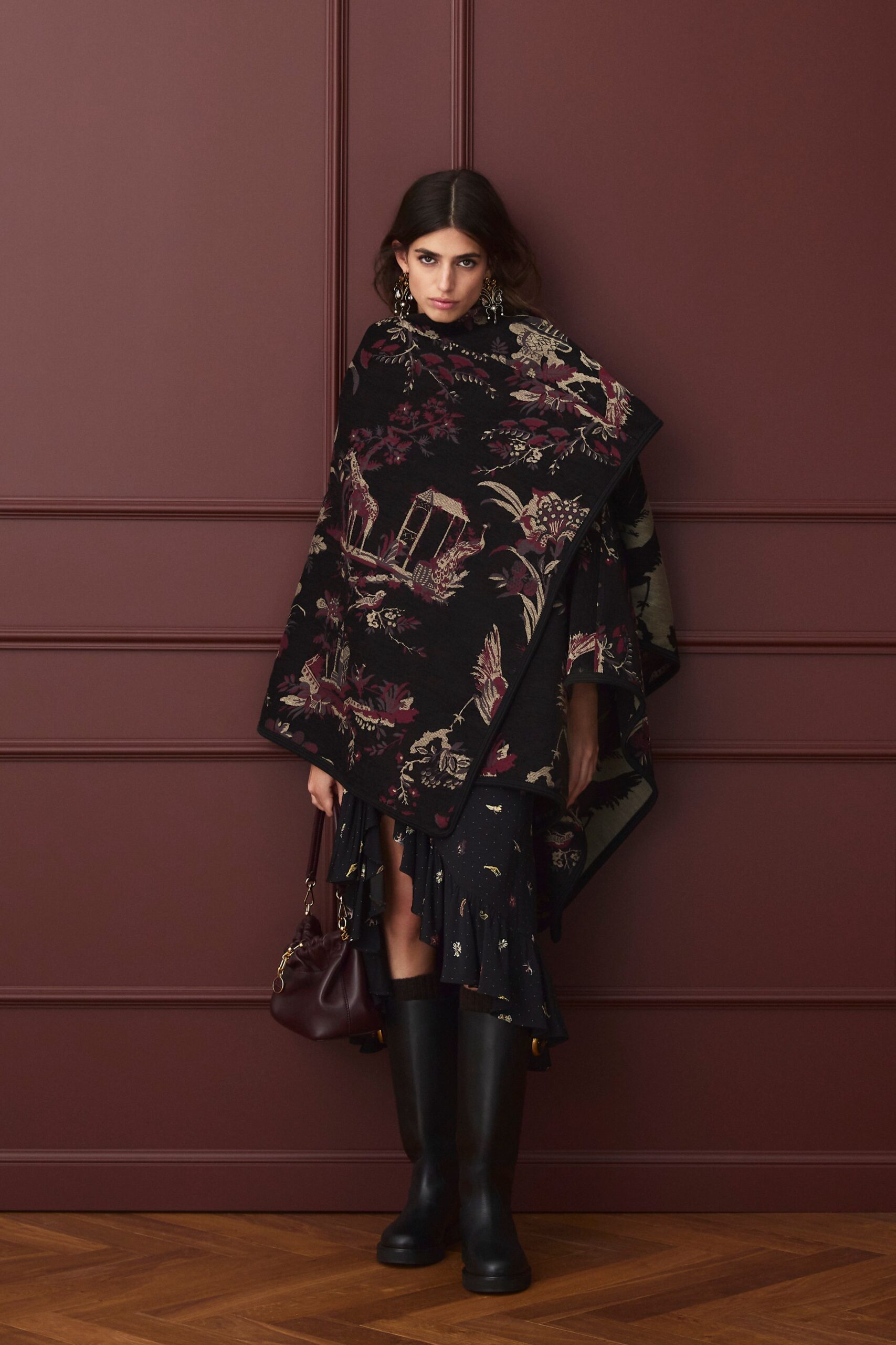 black wool relaxed embroidered poncho