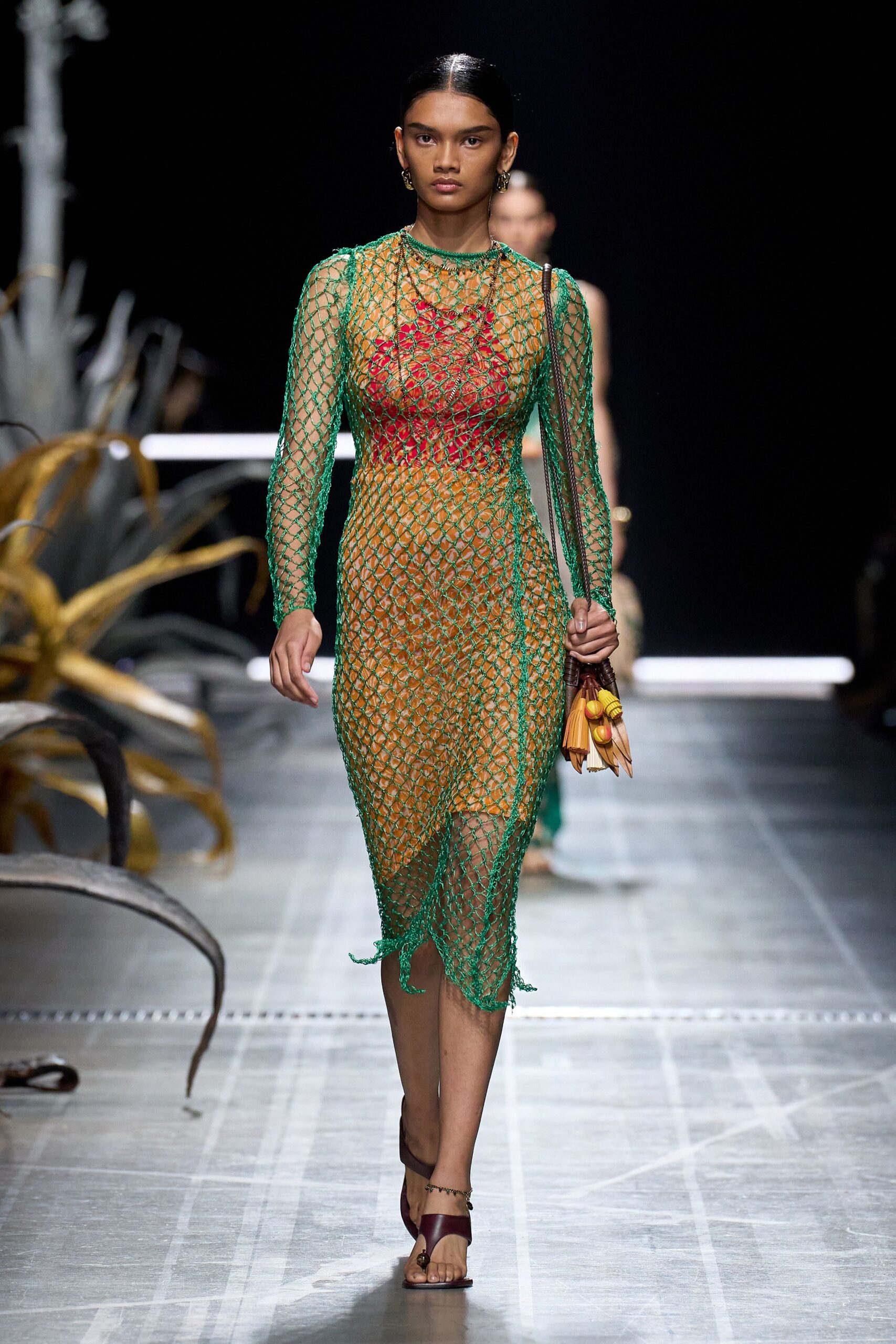 green mesh long-sleeve v-neck fitted layered dress