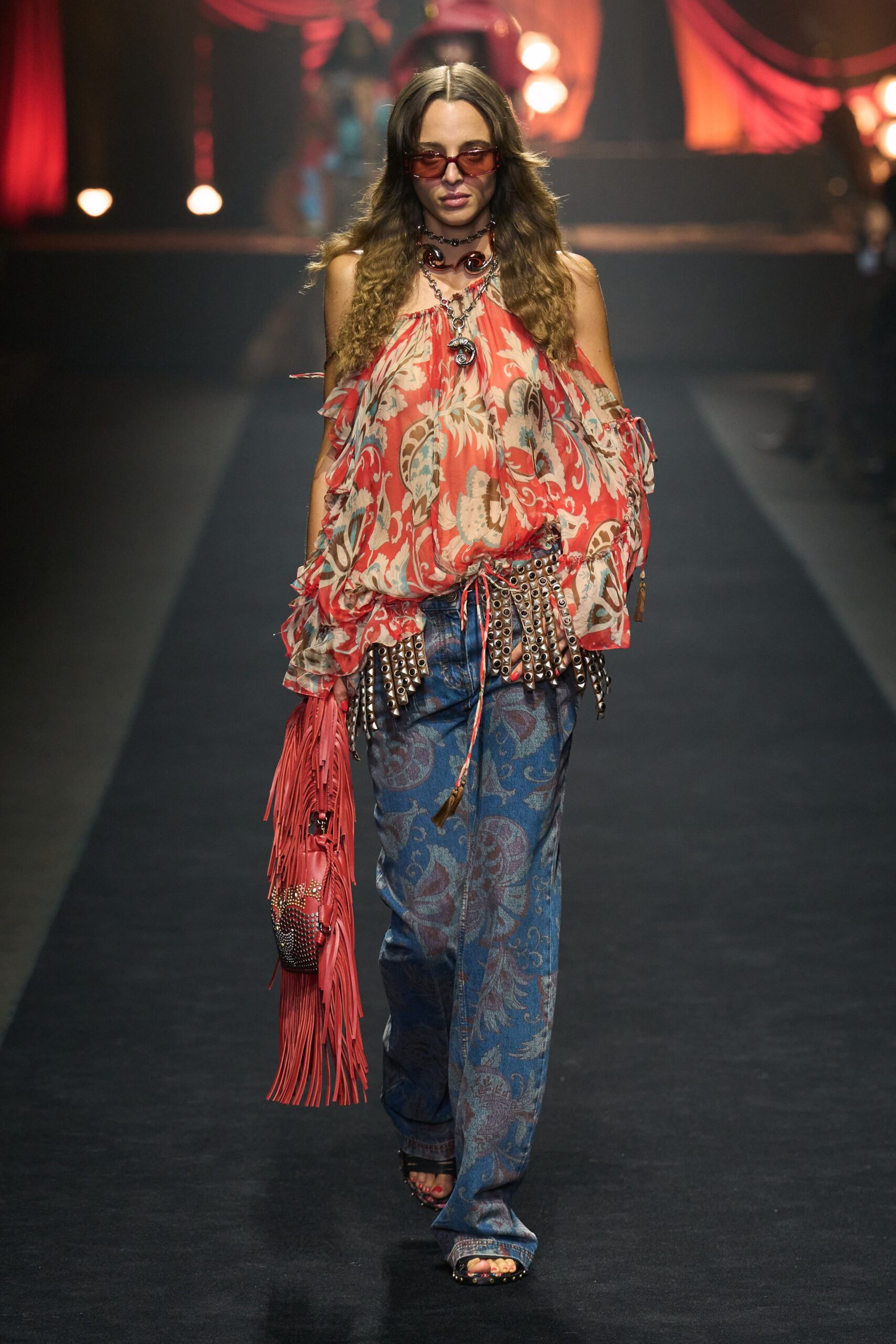 floral off-shoulder top with flared pants