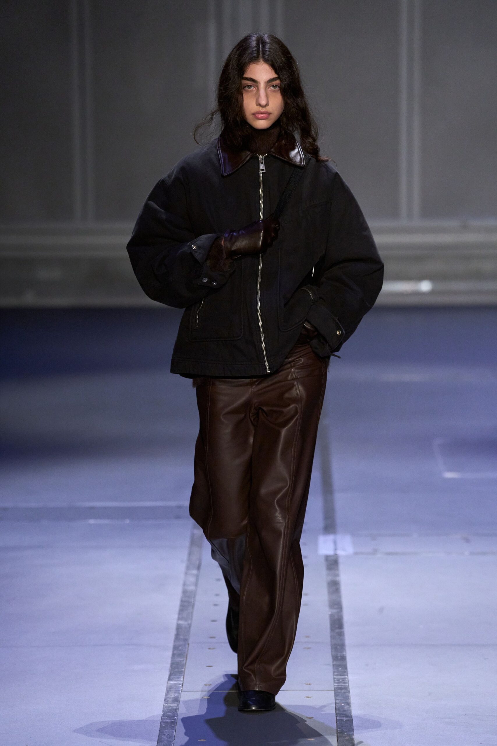 oversized black jacket with brown pants