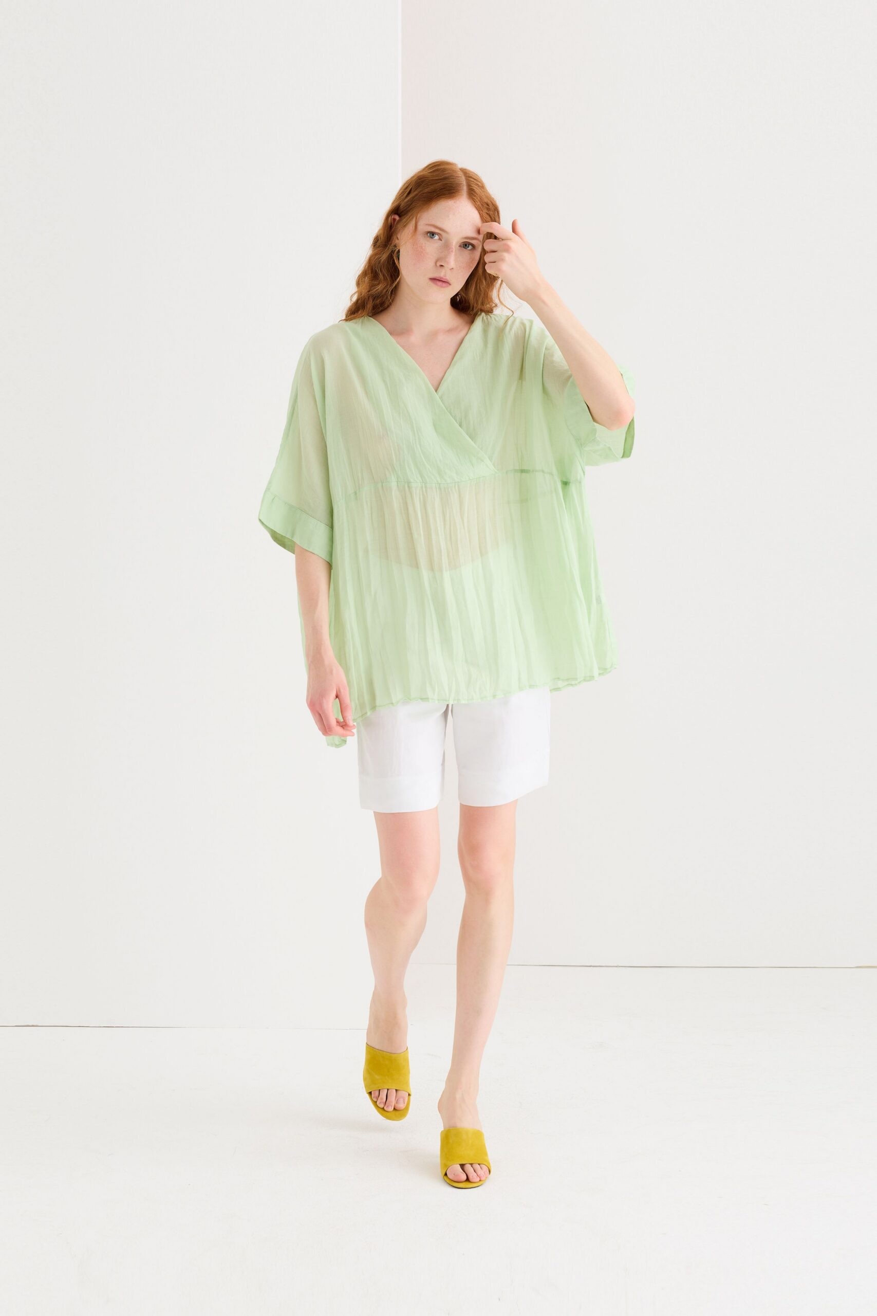 green chiffon short-sleeve v-neck relaxed layered sheer top
