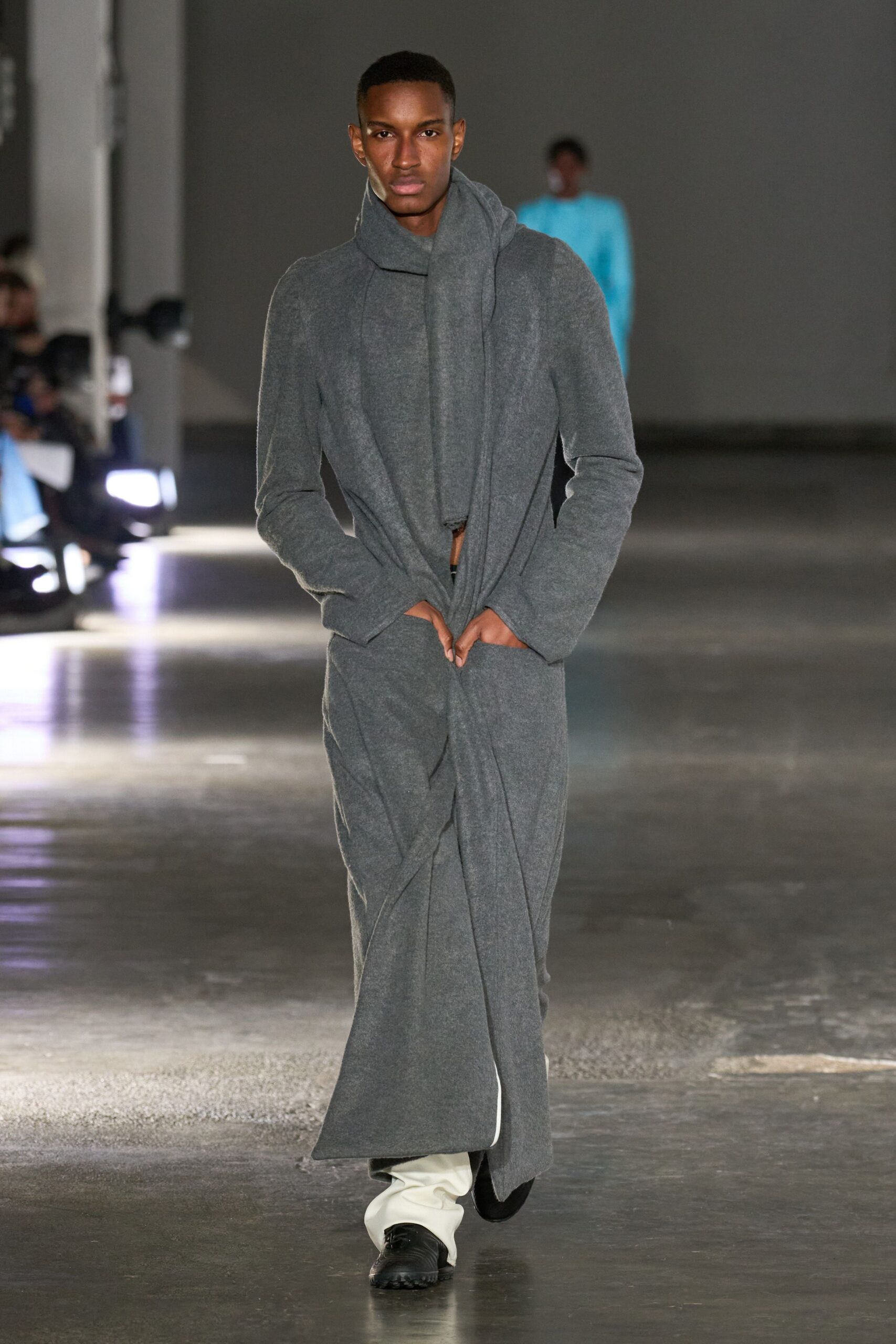 gray wool long-sleeve collared relaxed draped maxi coat