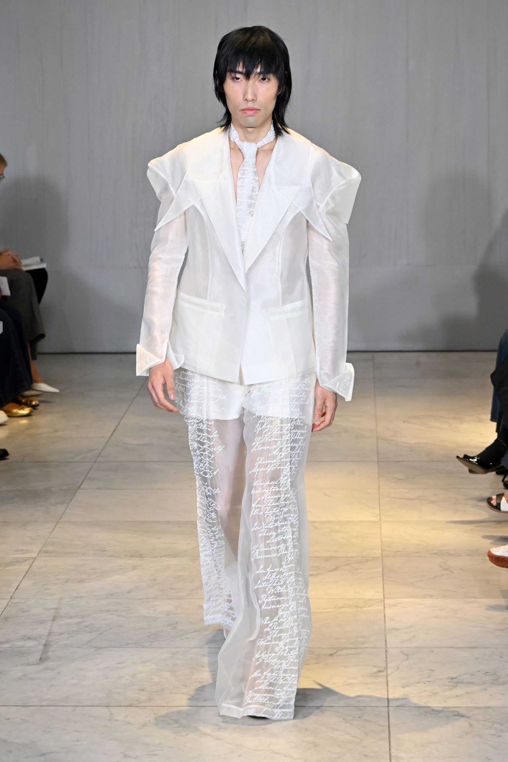 white silk long-sleeve collared fitted layered buttoned suit